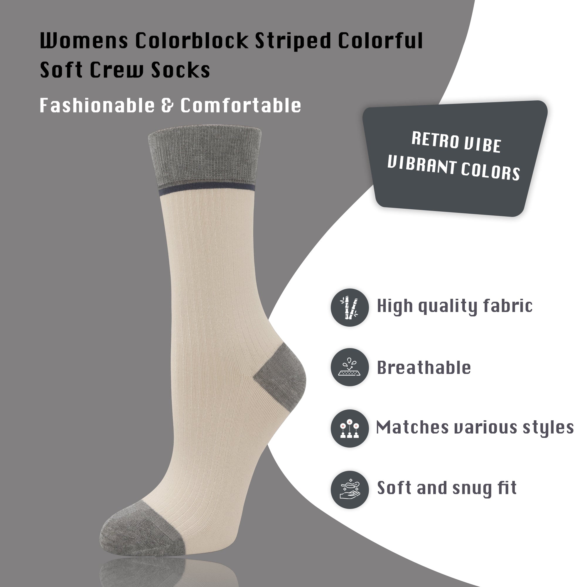 Viscose Bamboo Womens Crew Socks Dress Chic Colorblock Striped Design Retro Colorful Soft Comfort, Stylish 3 Pairs
