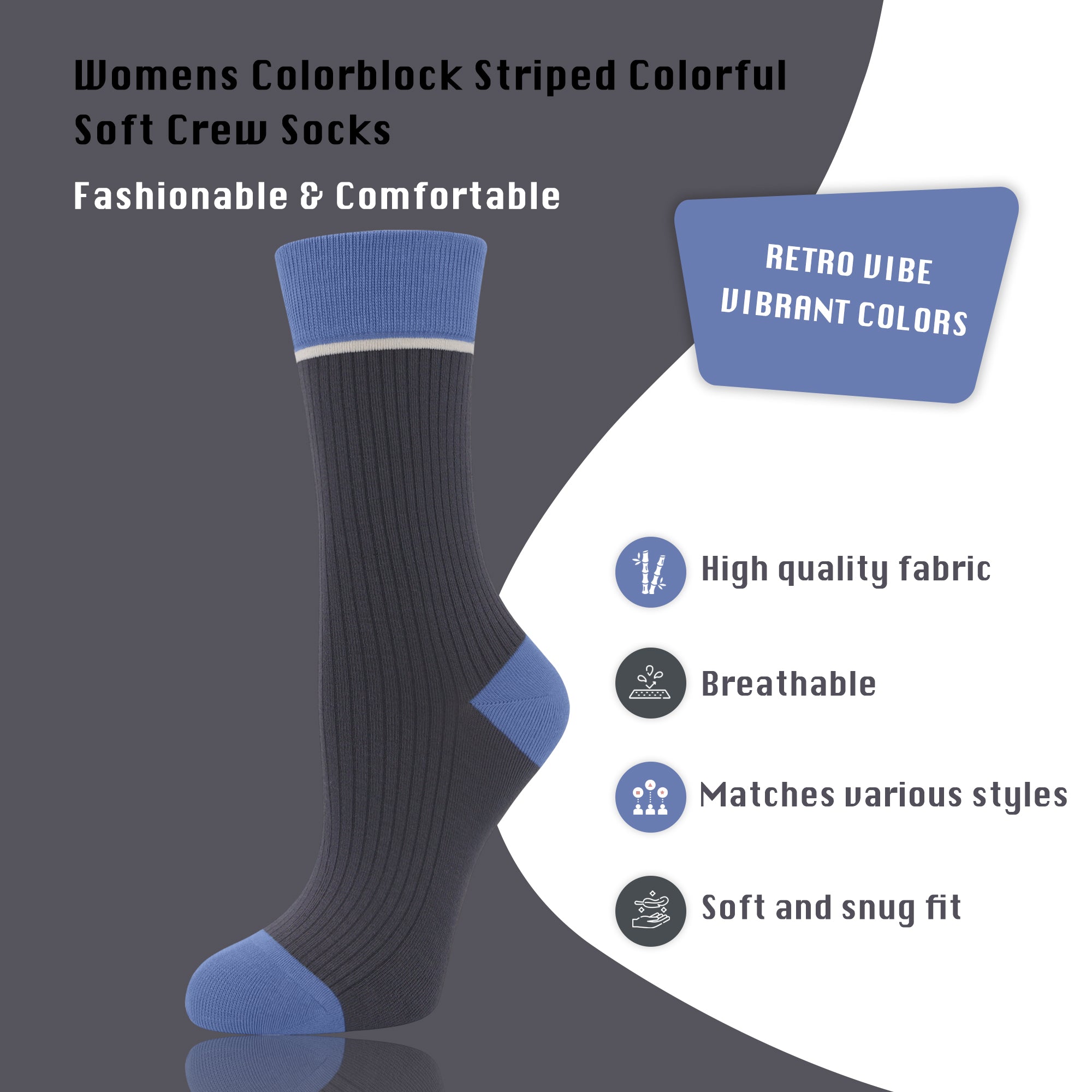 Viscose Bamboo Womens Crew Socks Dress Chic Colorblock Striped Design Retro Colorful Soft Comfort, Stylish 3 Pairs