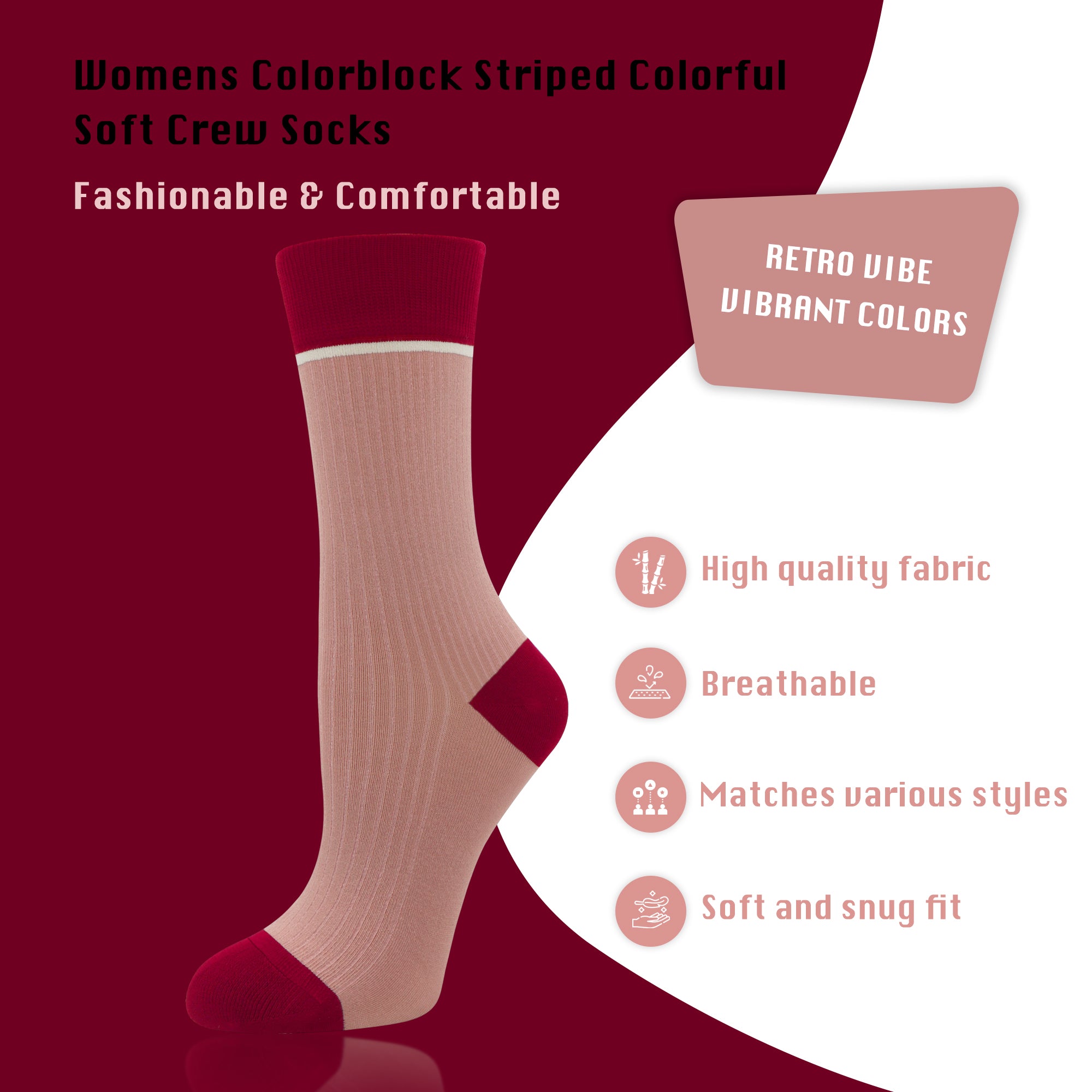 Viscose Bamboo Womens Crew Socks Dress Chic Colorblock Striped Design Retro Colorful Soft Comfort, Stylish 3 Pairs