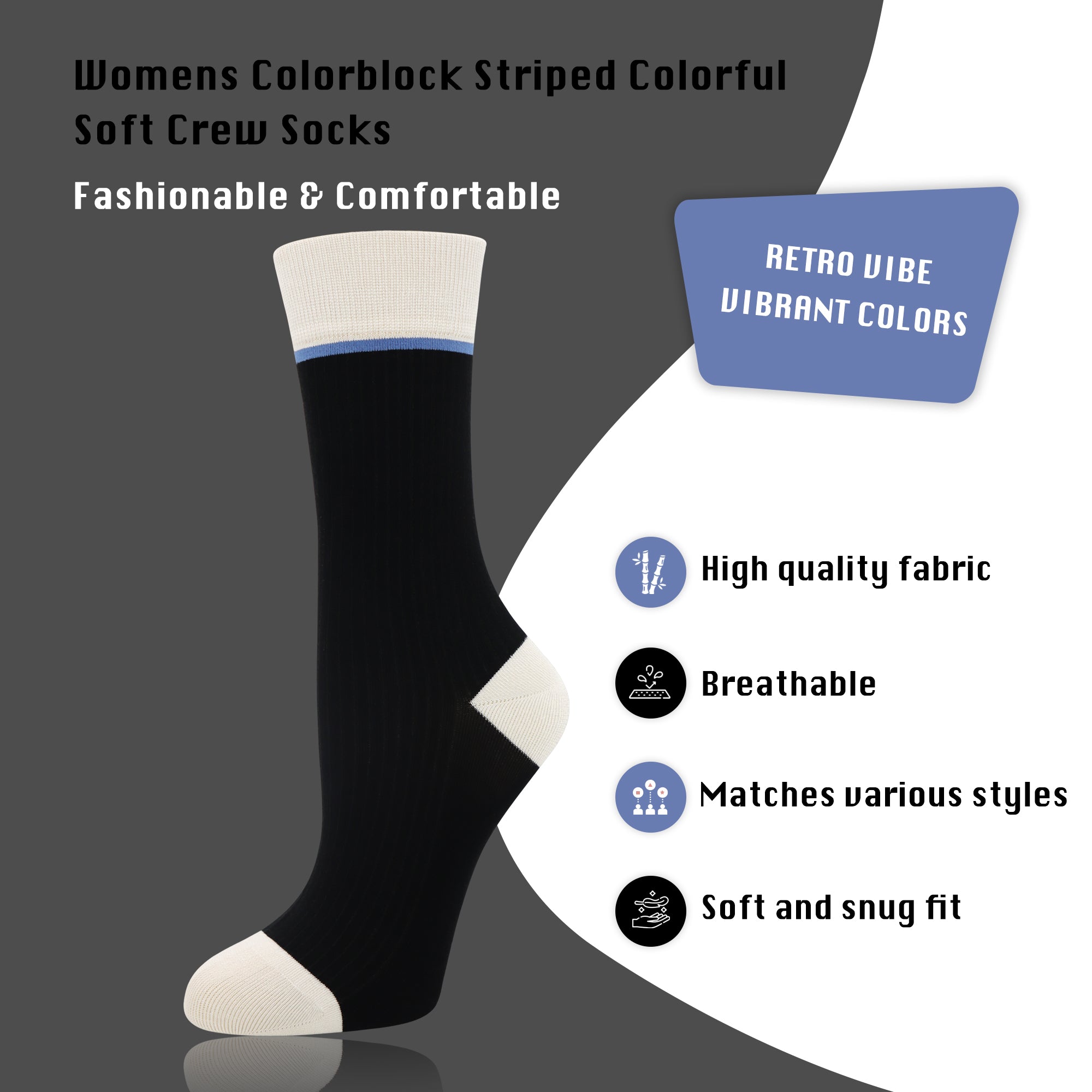 Viscose Bamboo Womens Crew Socks Dress Chic Colorblock Striped Design Retro Colorful Soft Comfort, Stylish 3 Pairs