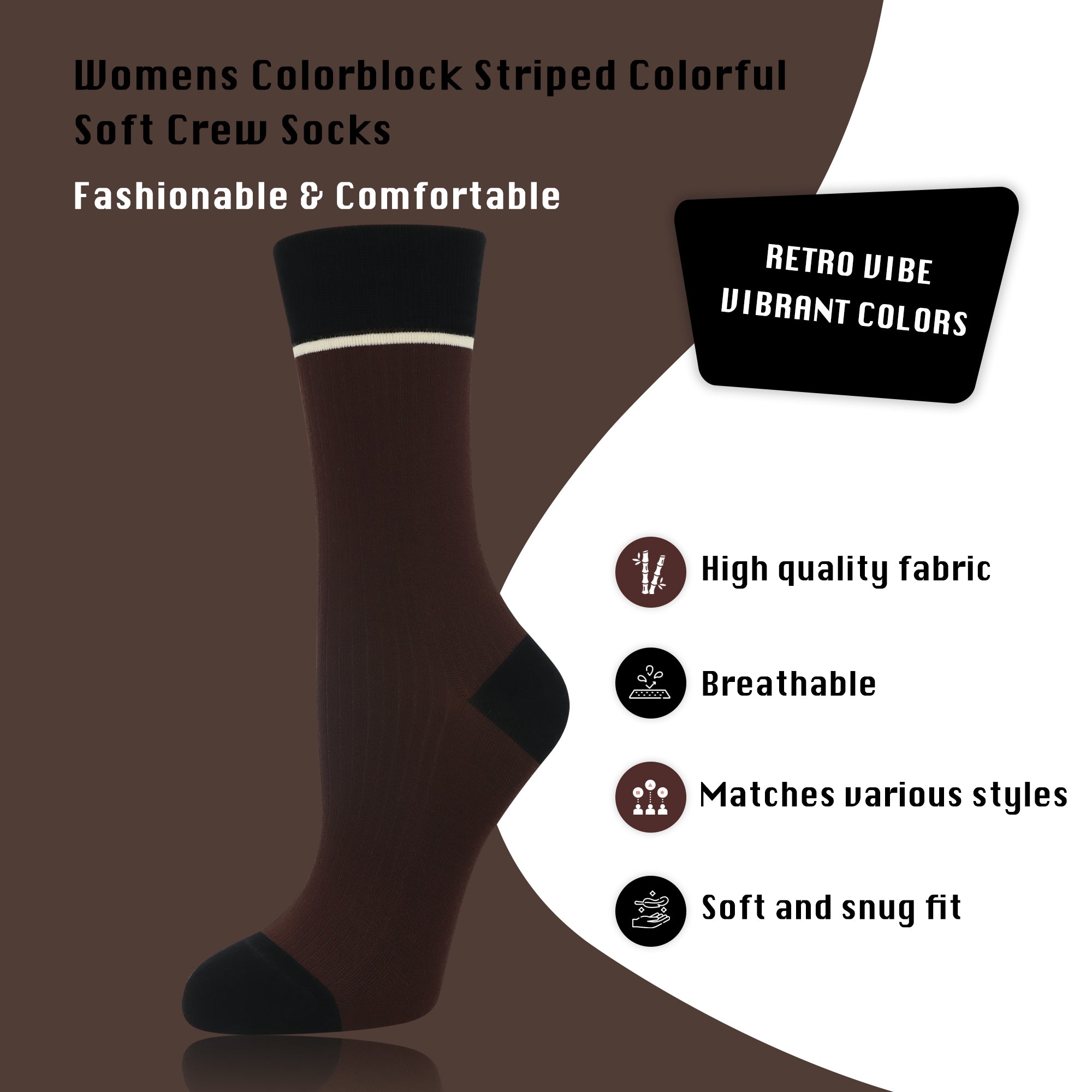 Viscose Bamboo Womens Crew Socks Dress Chic Colorblock Striped Design Retro Colorful Soft Comfort, Stylish 3 Pairs