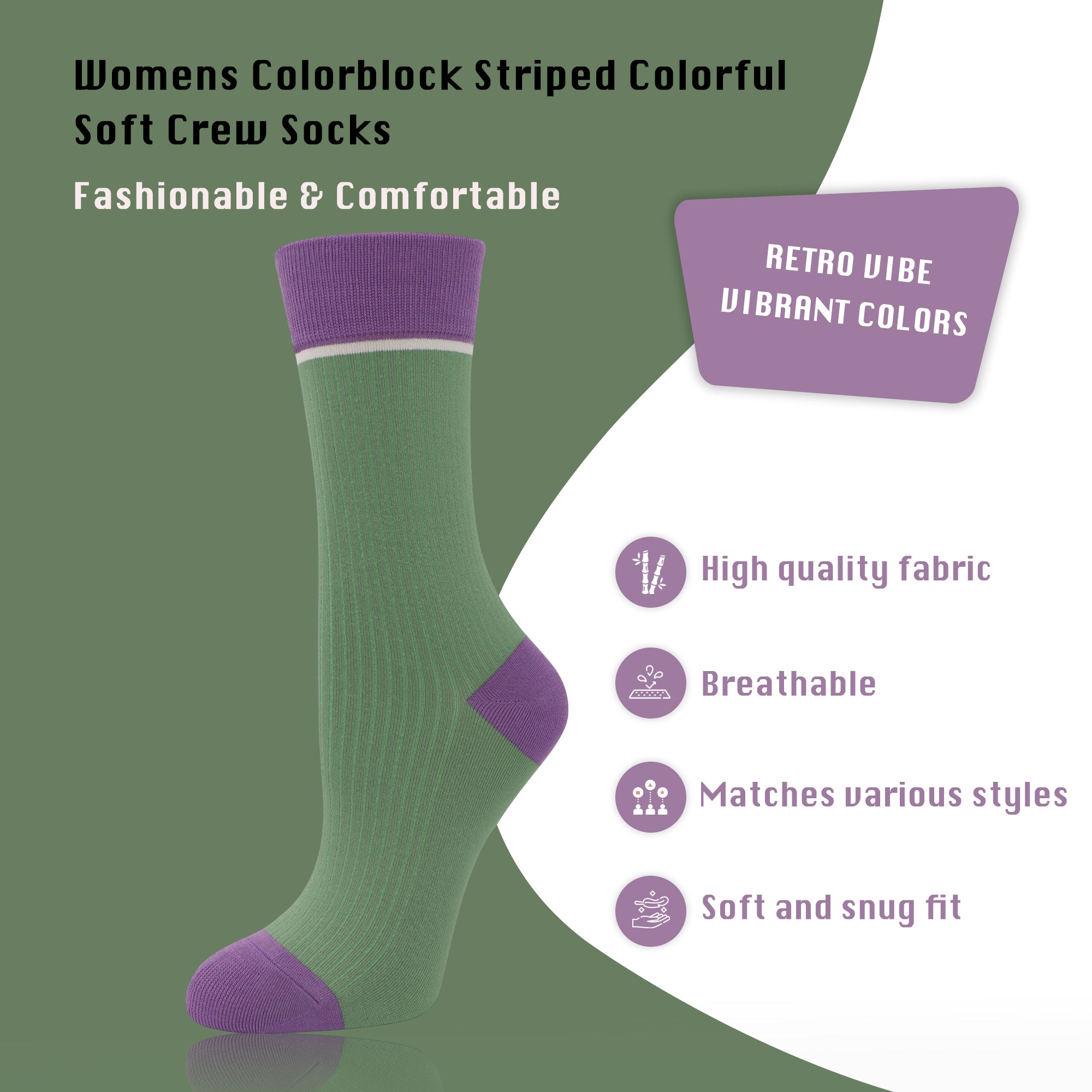 Viscose Bamboo Womens Crew Socks Dress Chic Colorblock Striped Design Retro Colorful Soft Comfort, Stylish 3 Pairs