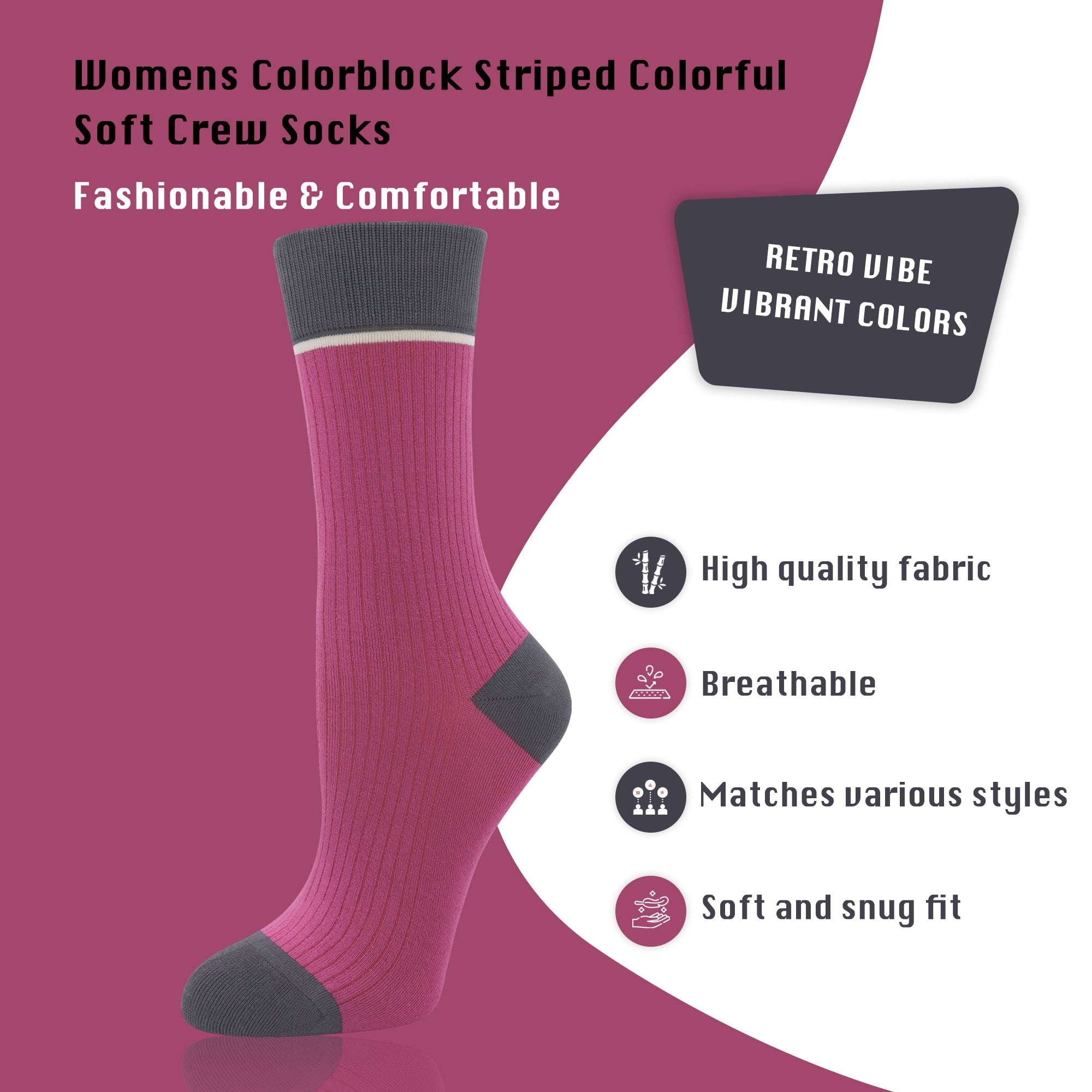 Viscose Bamboo Womens Crew Socks Dress Chic Colorblock Striped Design Retro Colorful Soft Comfort, Stylish 3 Pairs