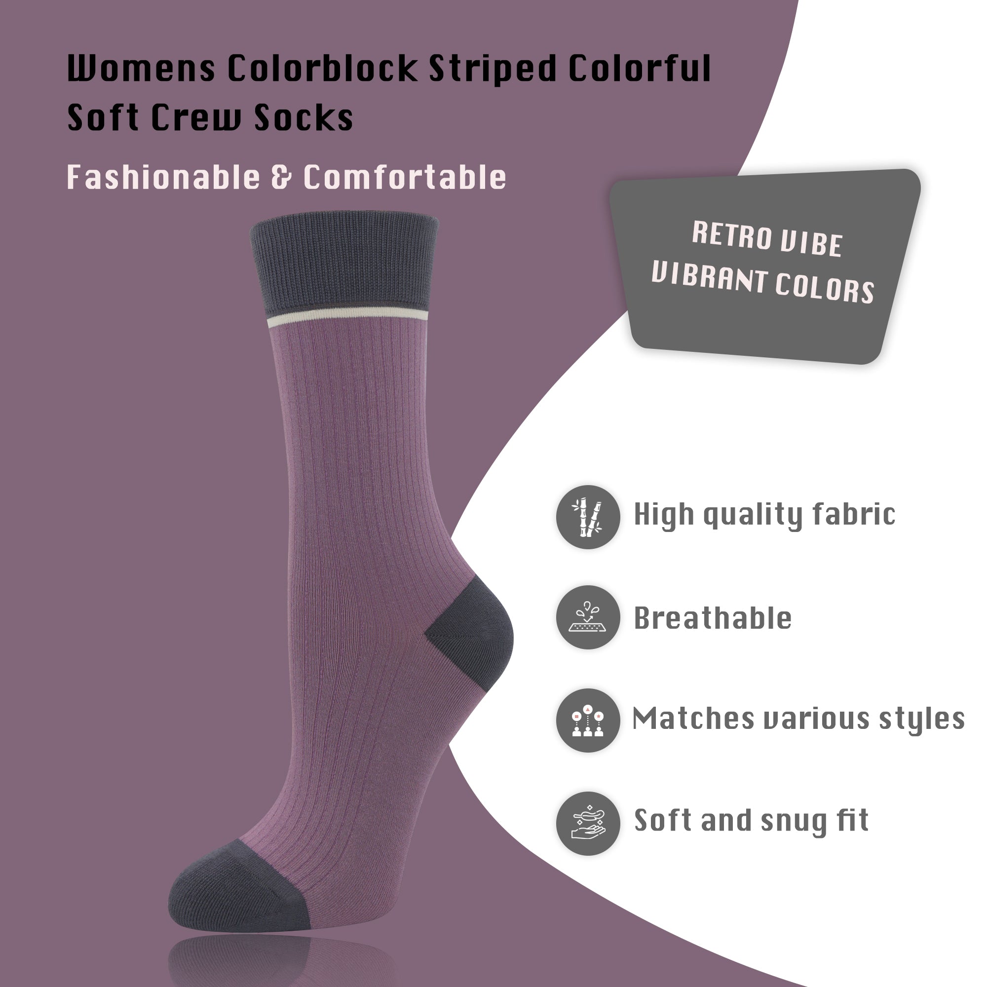Viscose Bamboo Womens Crew Socks Dress Chic Colorblock Striped Design Retro Colorful Soft Comfort, Stylish 3 Pairs