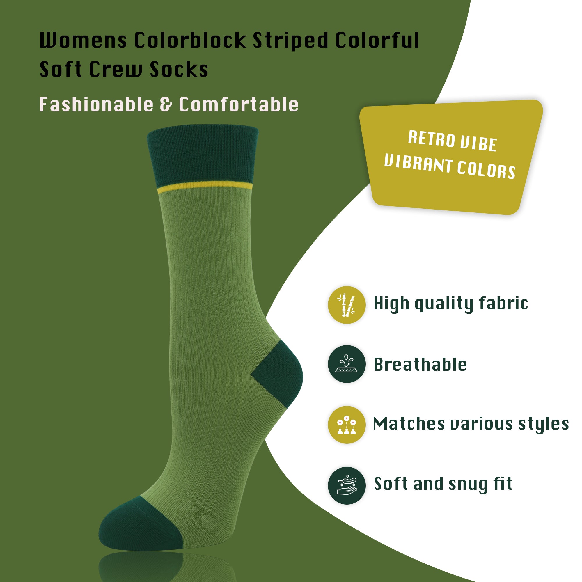 Viscose Bamboo Womens Crew Socks Dress Chic Colorblock Striped Design Retro Colorful Soft Comfort, Stylish 3 Pairs