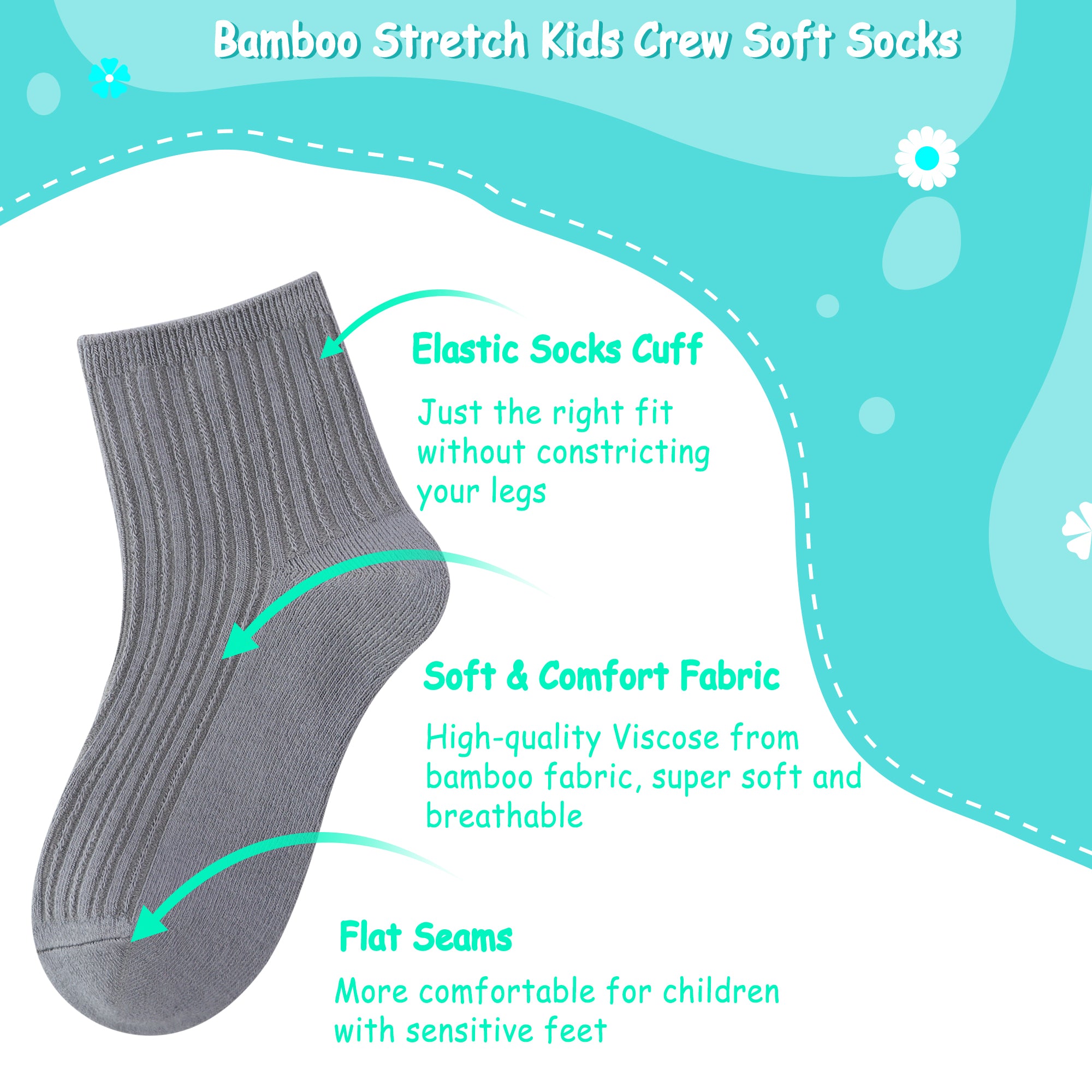 Bamboo Stretch Kids Ankle Sochool Kids Crew Socks Breathable Boy Girl 5 Pairs