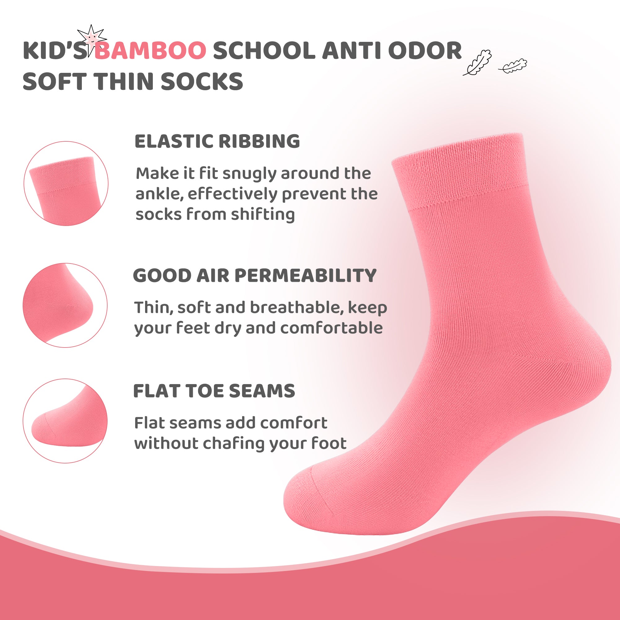 Kids Casual Bamboo School Socks Super Soft Uniform Thin Breathable Stretch Cuffs Boys Girls 5 Pairs