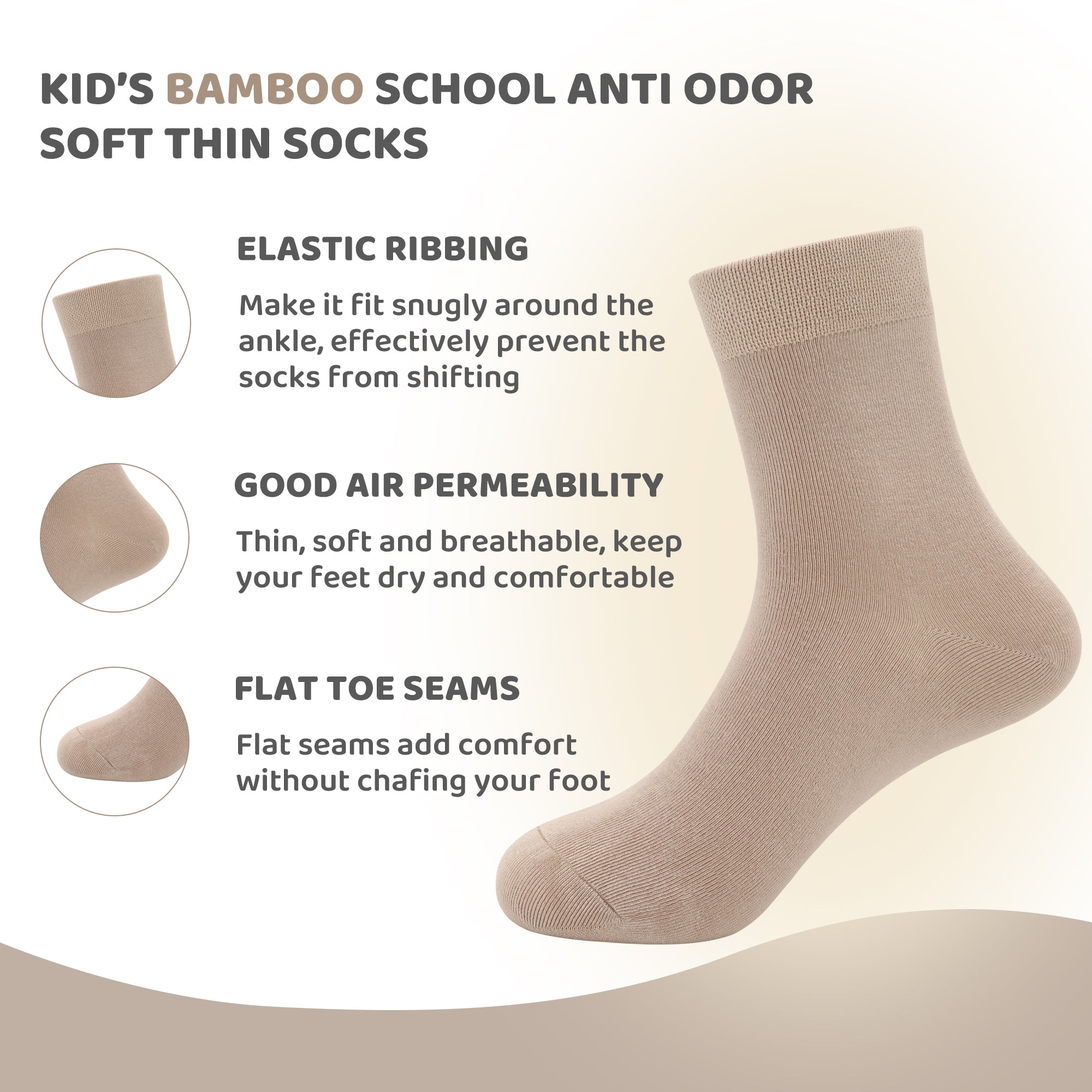 Kids Casual Bamboo School Socks Super Soft Uniform Thin Breathable Stretch Cuffs Boys Girls 5 Pairs