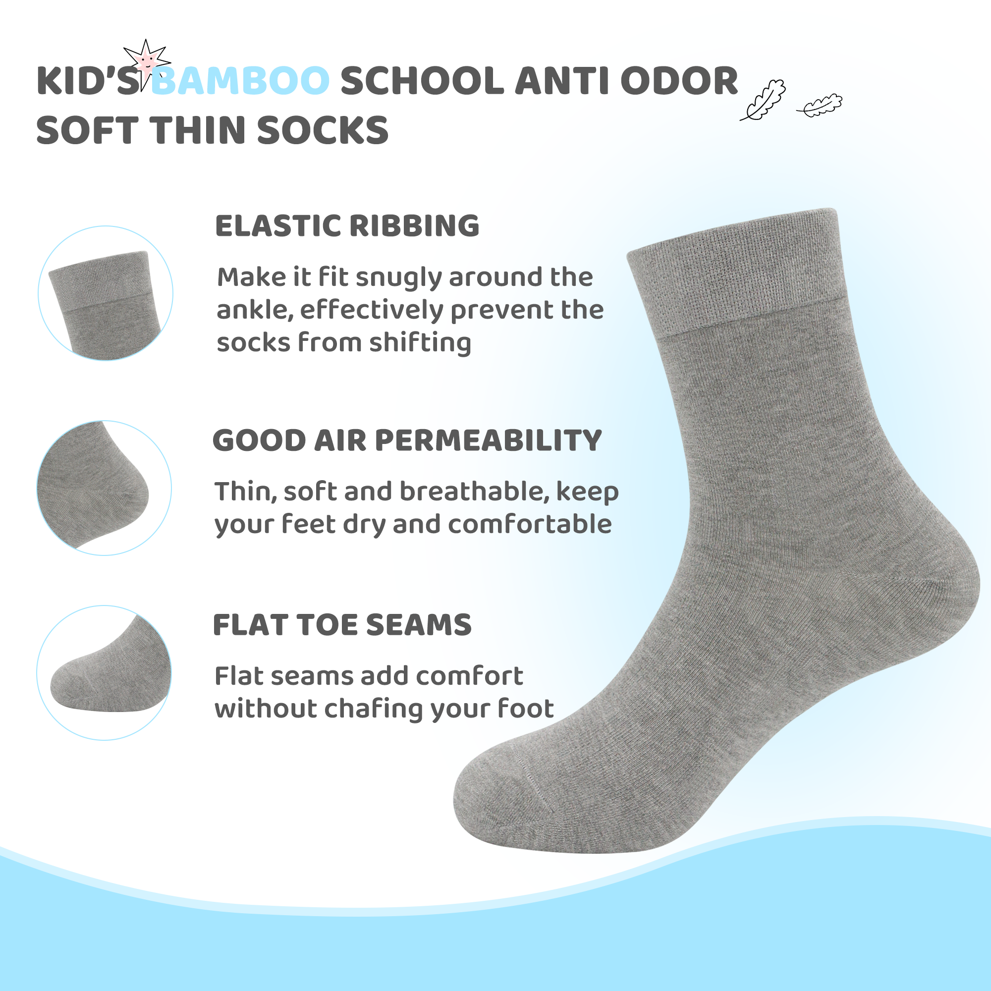 Kids Casual Bamboo School Socks Super Soft Uniform Thin Breathable Stretch Cuffs Boys Girls 5 Pairs