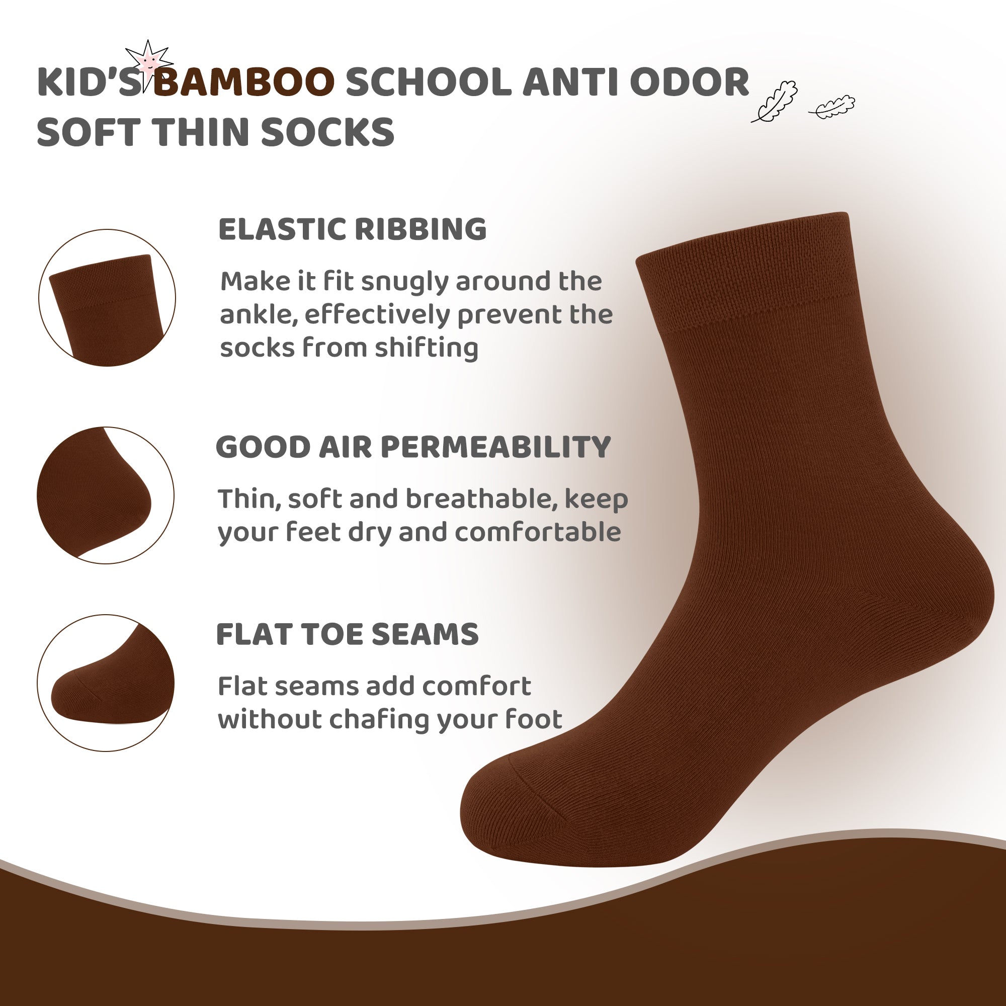 Kids Casual Bamboo School Socks Super Soft Uniform Thin Breathable Stretch Cuffs Boys Girls 5 Pairs