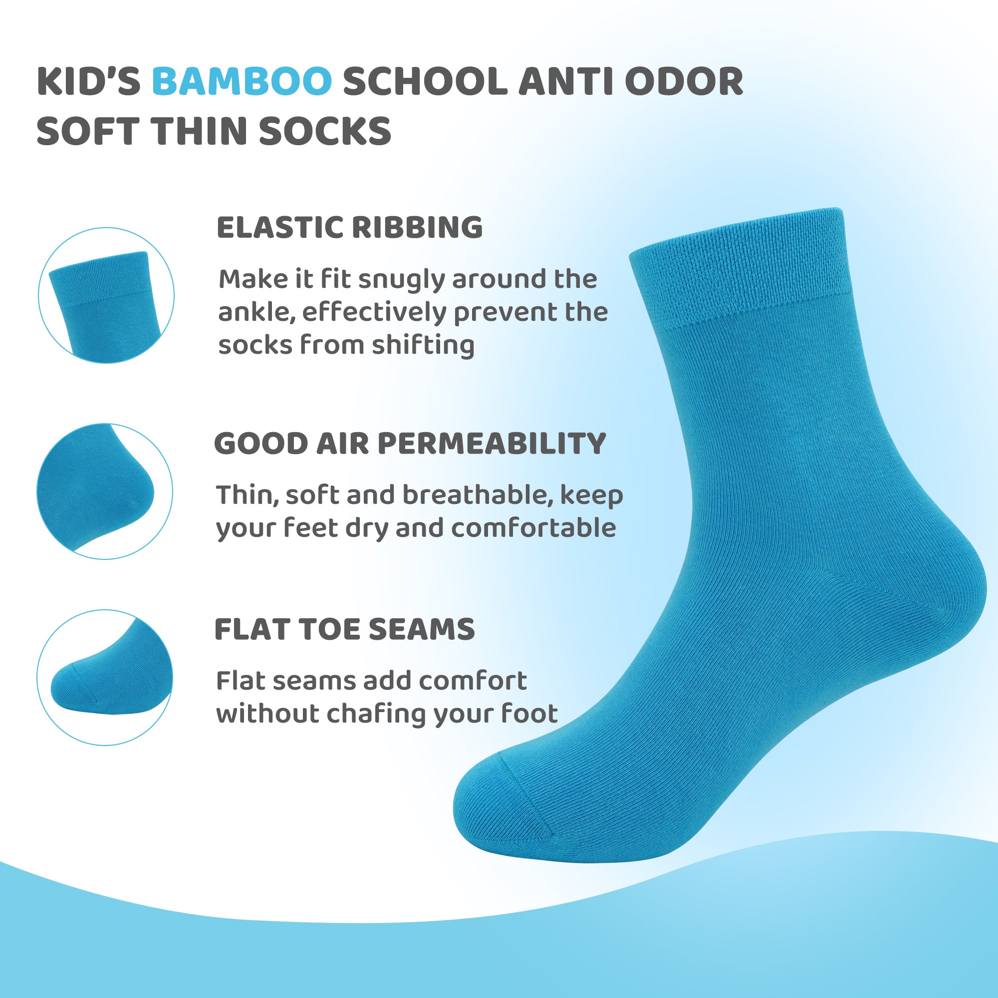 Kids Casual Bamboo School Socks Super Soft Uniform Thin Breathable Stretch Cuffs Boys Girls 5 Pairs