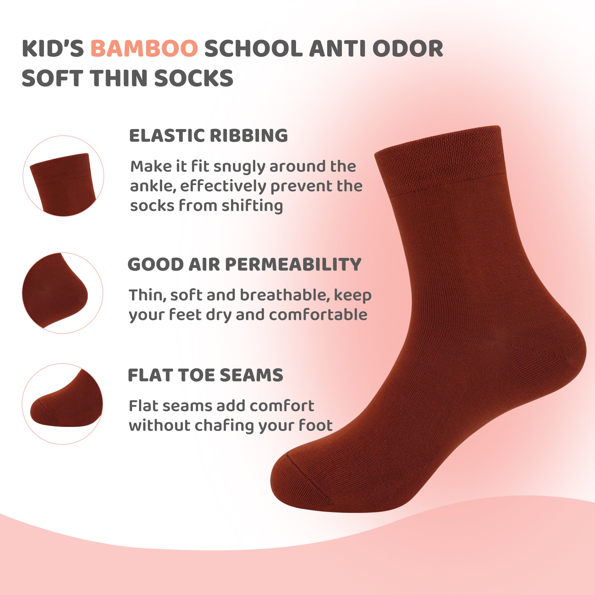 Kids Casual Bamboo School Socks Super Soft Uniform Thin Breathable Stretch Cuffs Boys Girls 5 Pairs