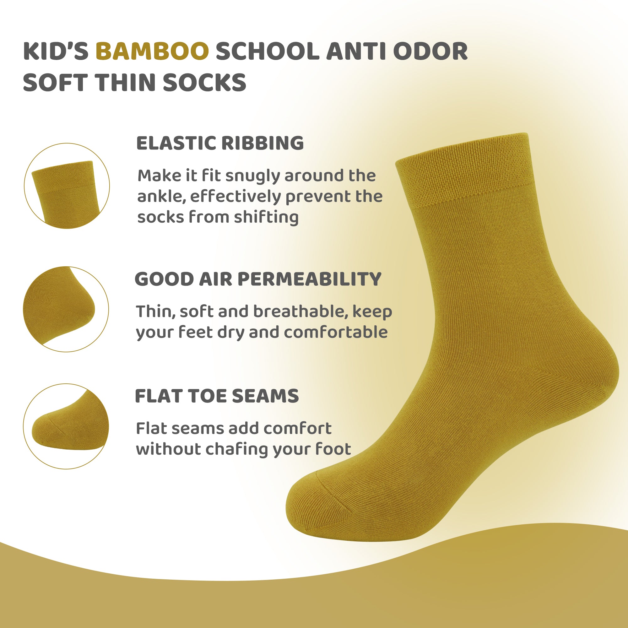 Kids Casual Bamboo School Socks Super Soft Uniform Thin Breathable Stretch Cuffs Boys Girls 5 Pairs