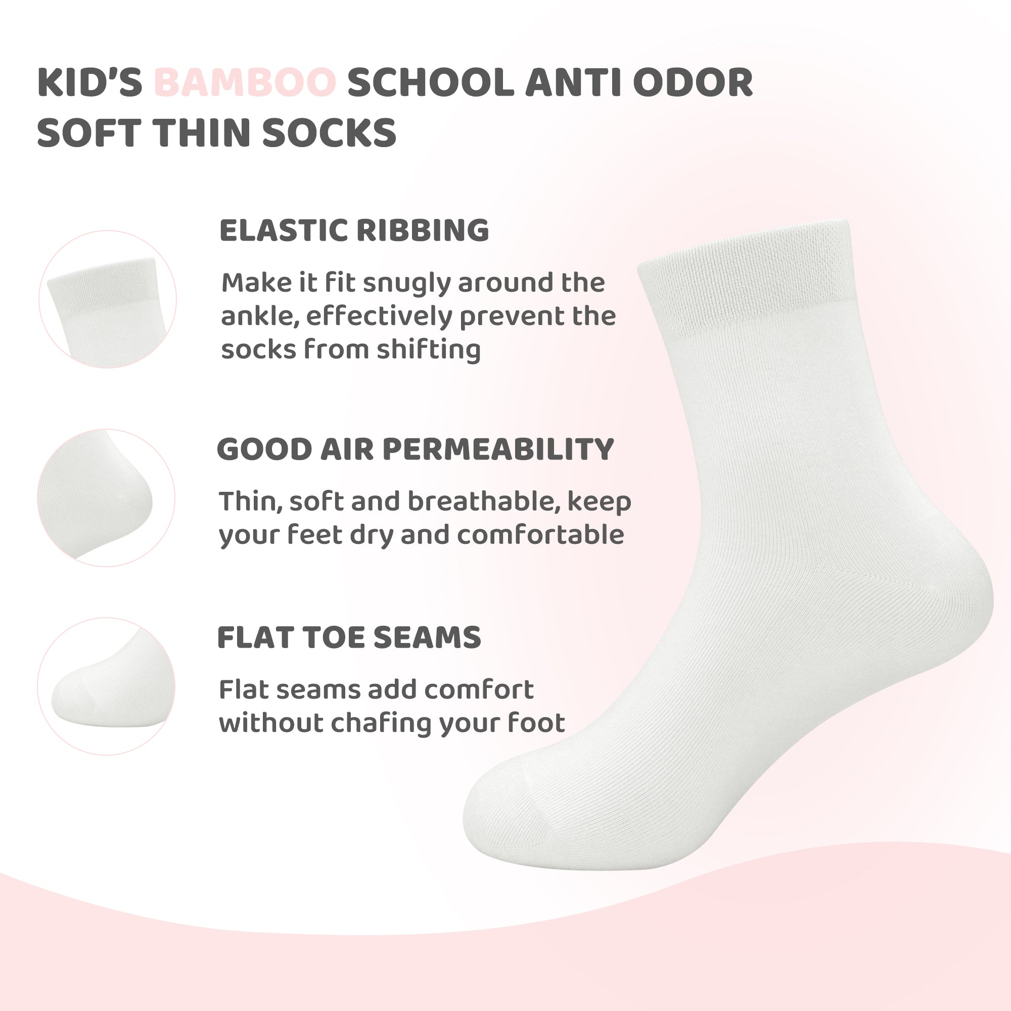 Kids Casual Bamboo School Socks Super Soft Uniform Thin Breathable Stretch Cuffs Boys Girls 5 Pairs