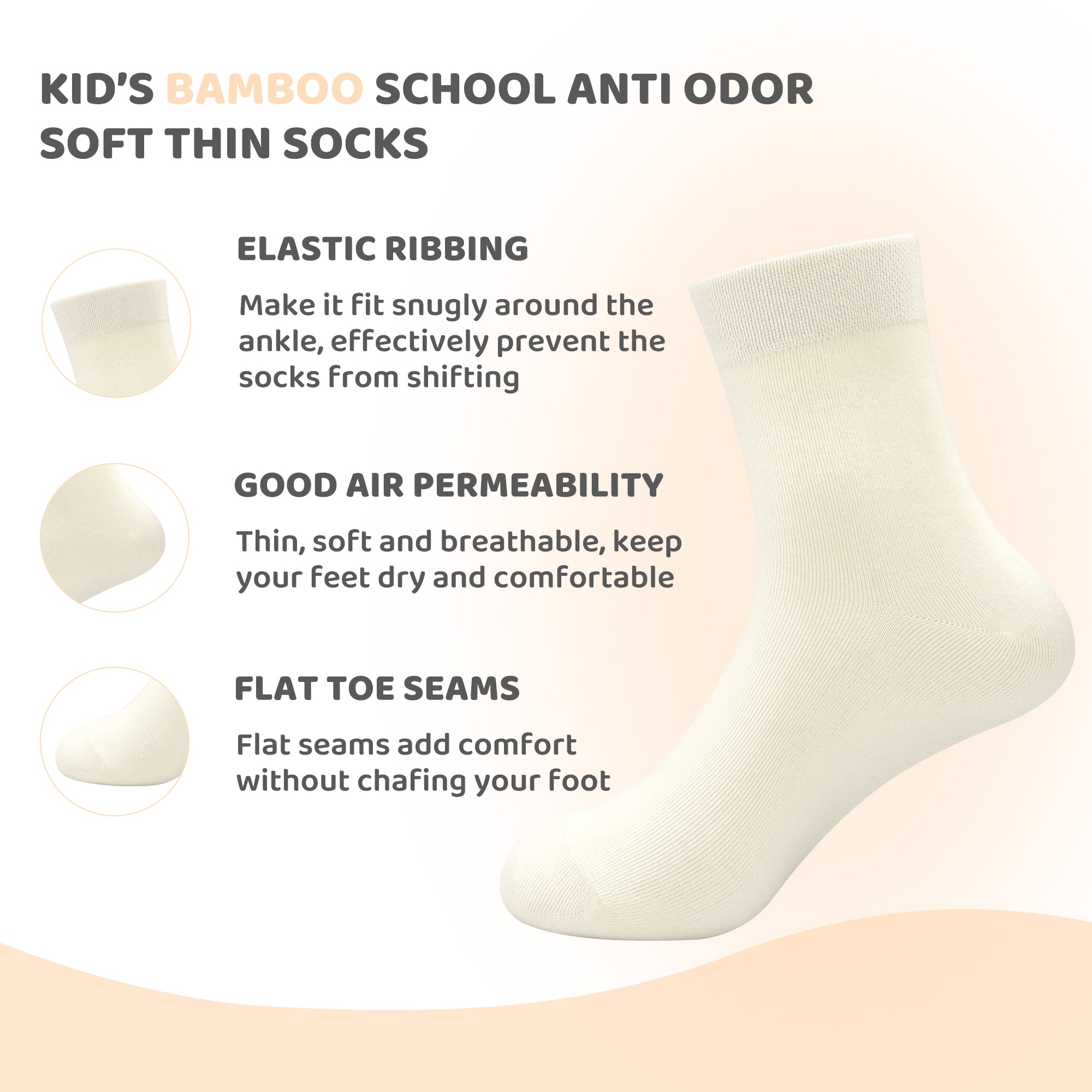 Kids Casual Bamboo School Socks Super Soft Uniform Thin Breathable Stretch Cuffs Boys Girls 5 Pairs