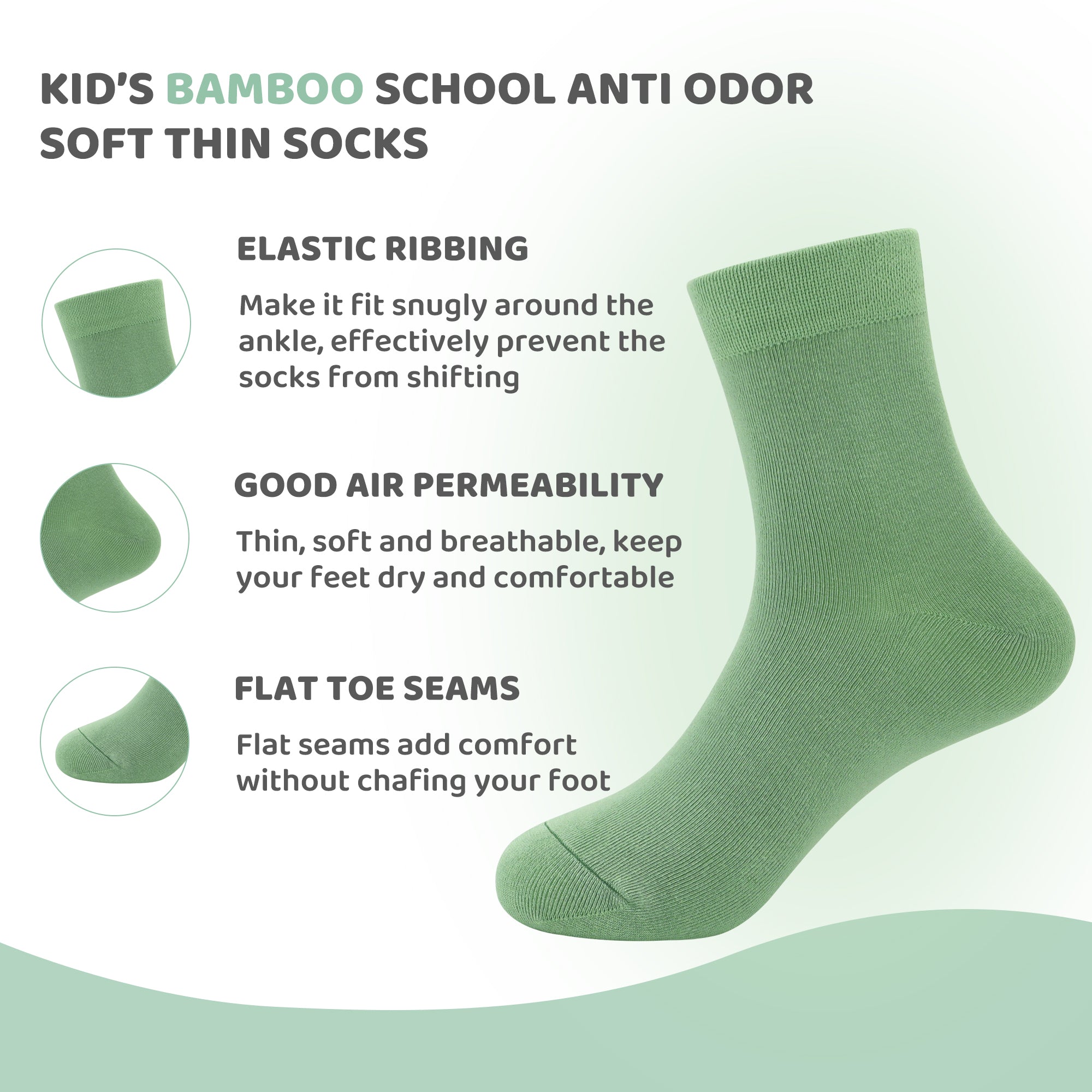 Kids Casual Bamboo School Socks Super Soft Uniform Thin Breathable Stretch Cuffs Boys Girls 5 Pairs