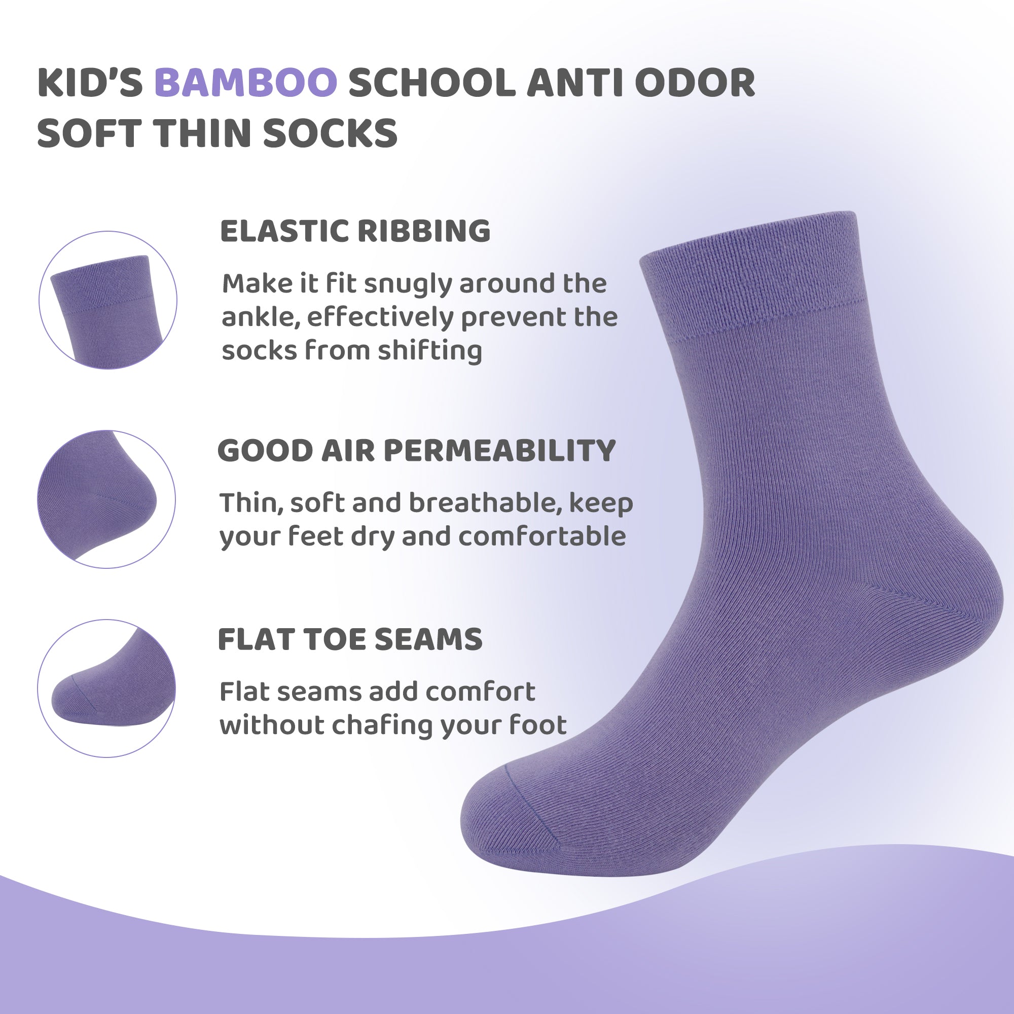 Kids Casual Bamboo School Socks Super Soft Uniform Thin Breathable Stretch Cuffs Boys Girls 5 Pairs