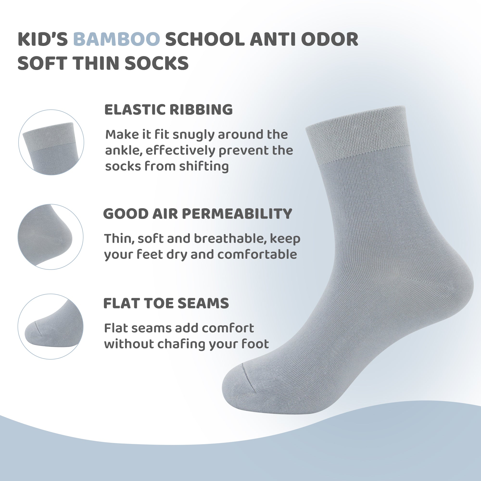 Kids Casual Bamboo School Socks Super Soft Uniform Thin Breathable Stretch Cuffs Boys Girls 5 Pairs