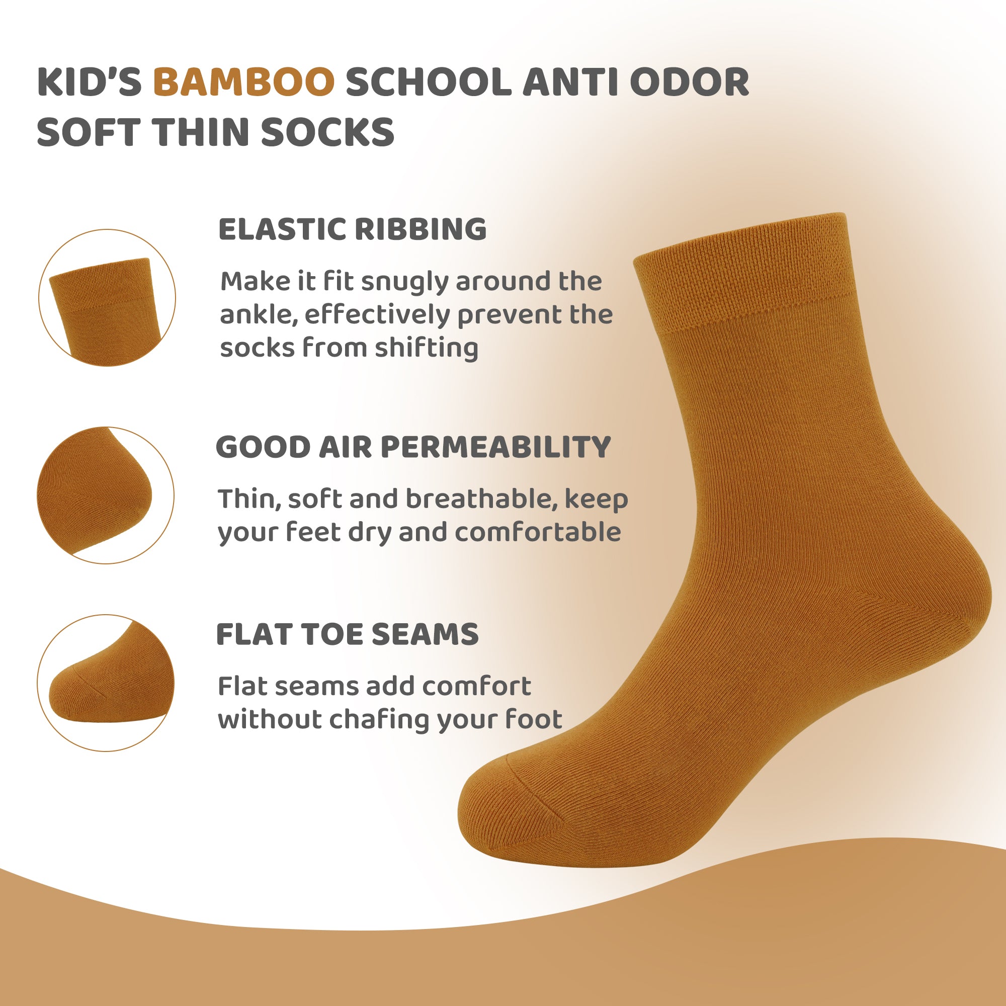 Kids Casual Bamboo School Socks Super Soft Uniform Thin Breathable Stretch Cuffs Boys Girls 5 Pairs