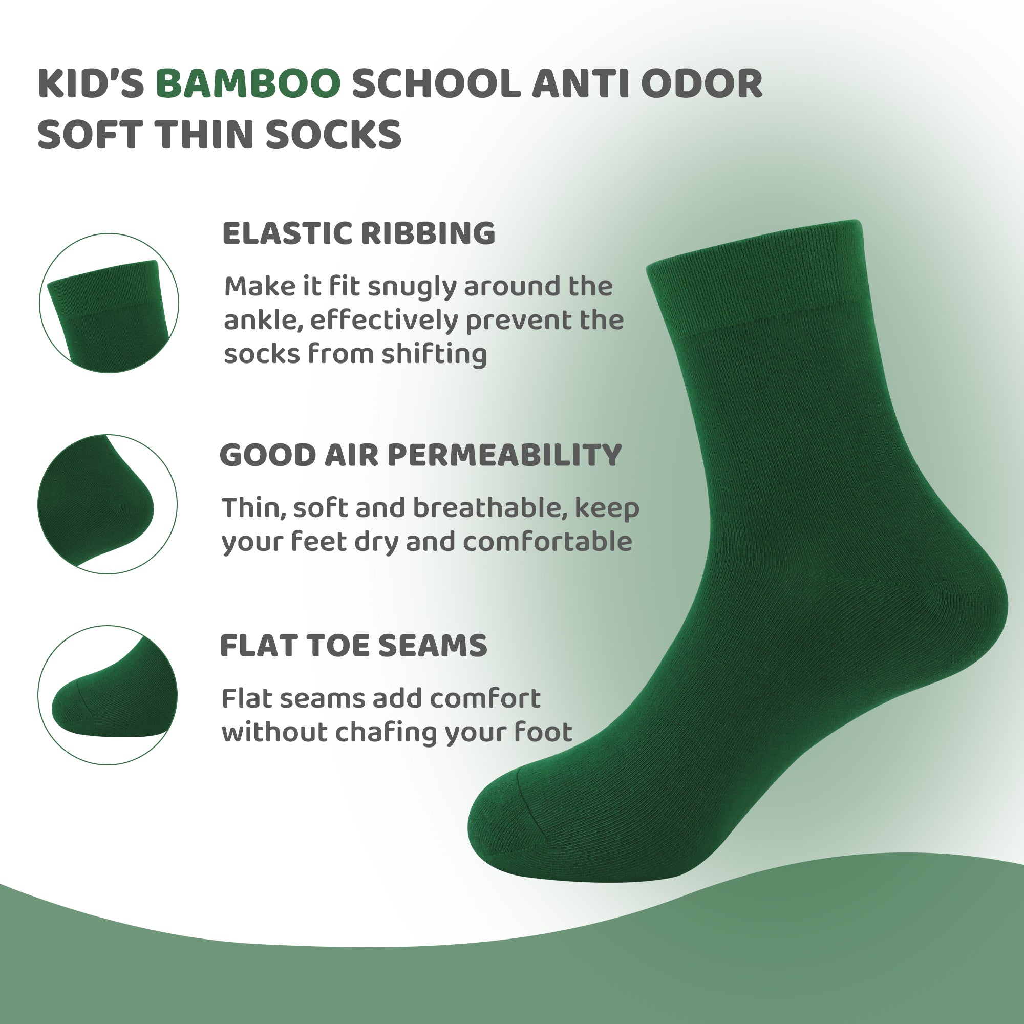 Kids Casual Bamboo School Socks Super Soft Uniform Thin Breathable Stretch Cuffs Boys Girls 5 Pairs