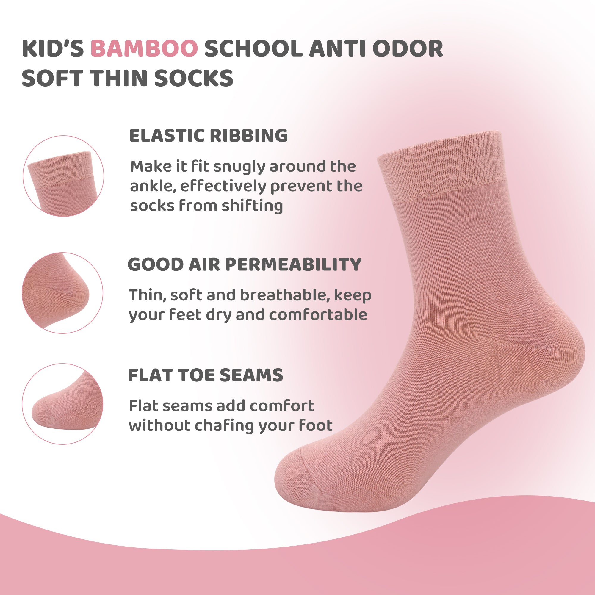 Kids Casual Bamboo School Socks Super Soft Uniform Thin Breathable Stretch Cuffs Boys Girls 5 Pairs