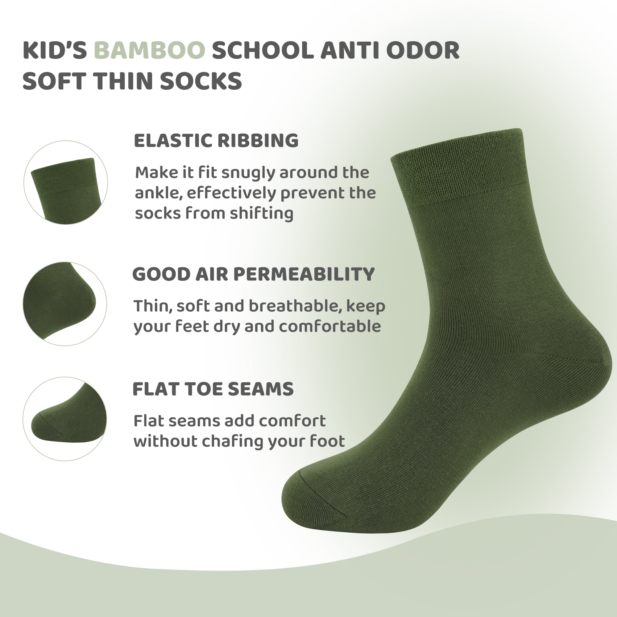 Kids Casual Bamboo School Socks Super Soft Uniform Thin Breathable Stretch Cuffs Boys Girls 5 Pairs