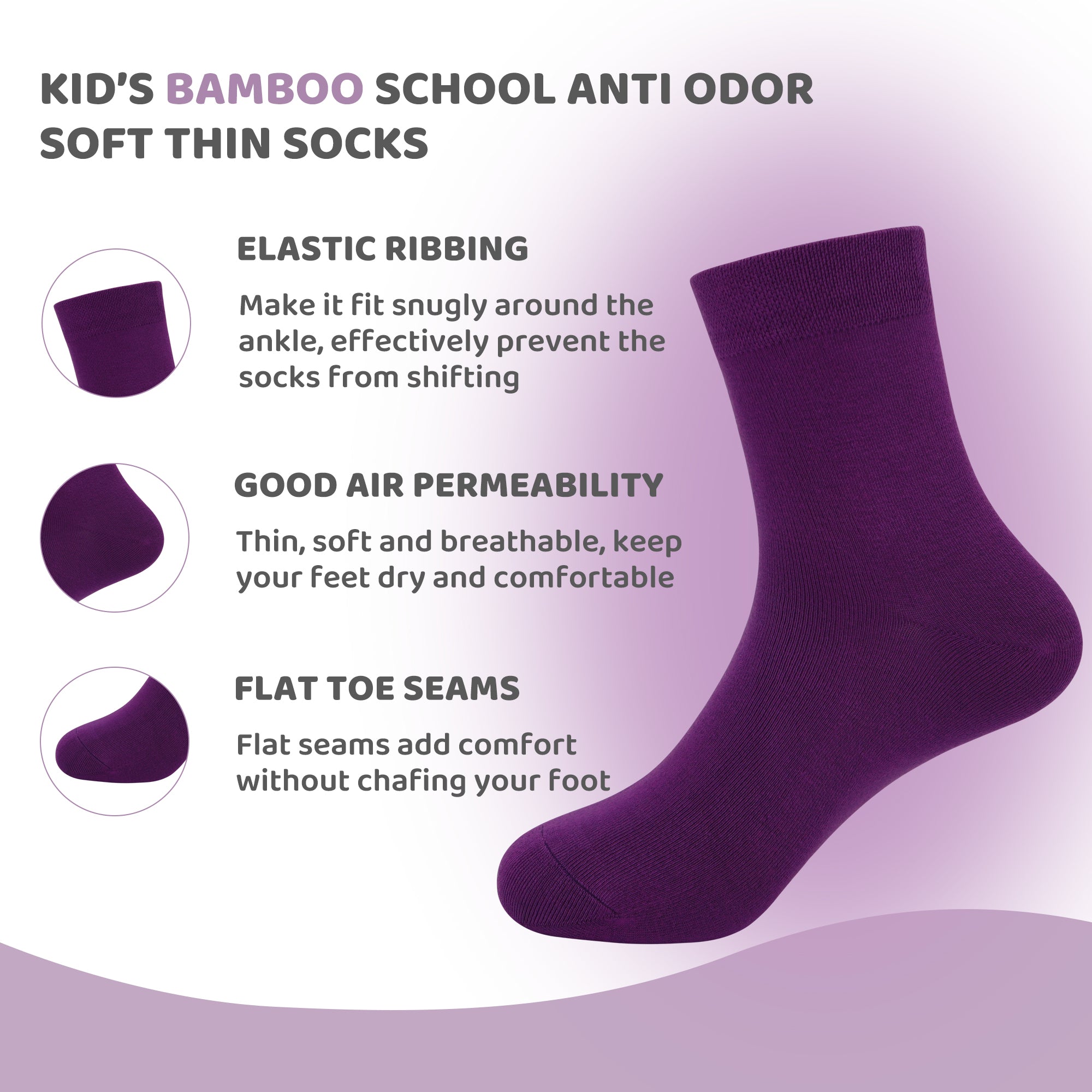 Kids Casual Bamboo School Socks Super Soft Uniform Thin Breathable Stretch Cuffs Boys Girls 5 Pairs
