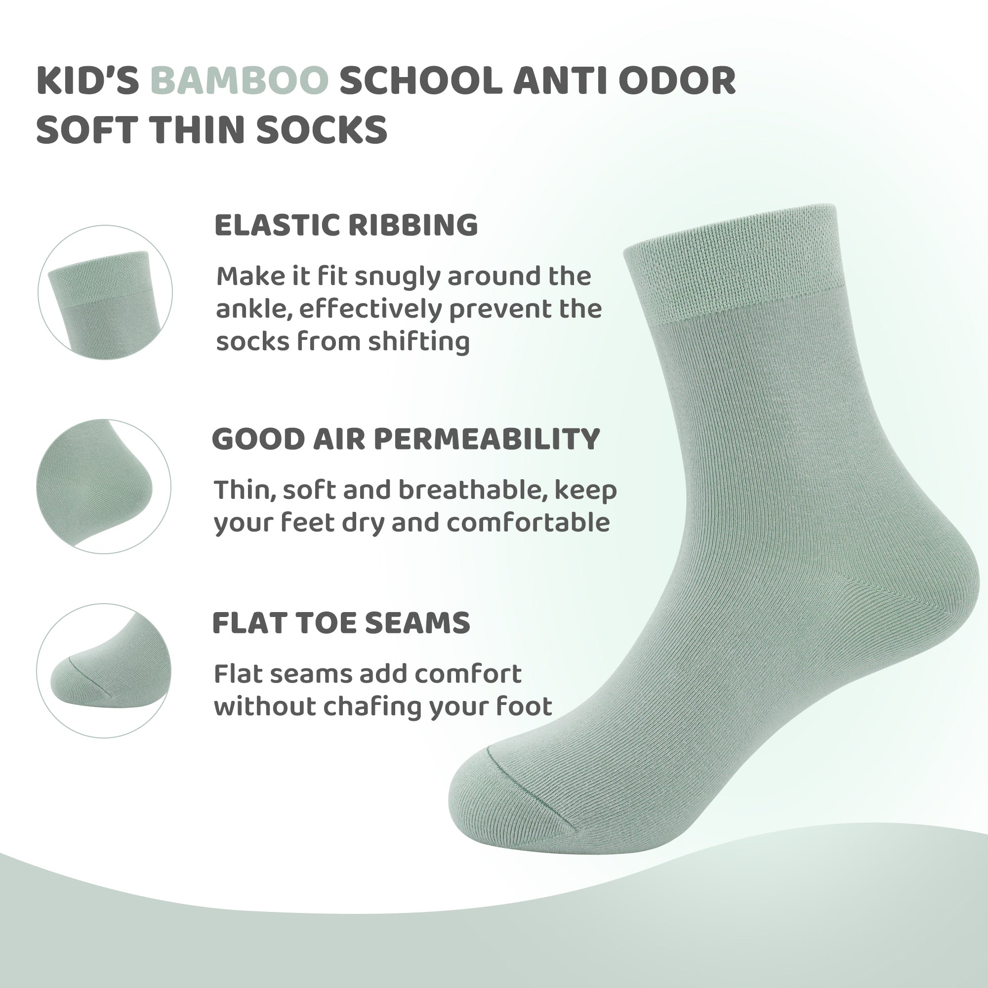 Kids Casual Bamboo School Socks Super Soft Uniform Thin Breathable Stretch Cuffs Boys Girls 5 Pairs