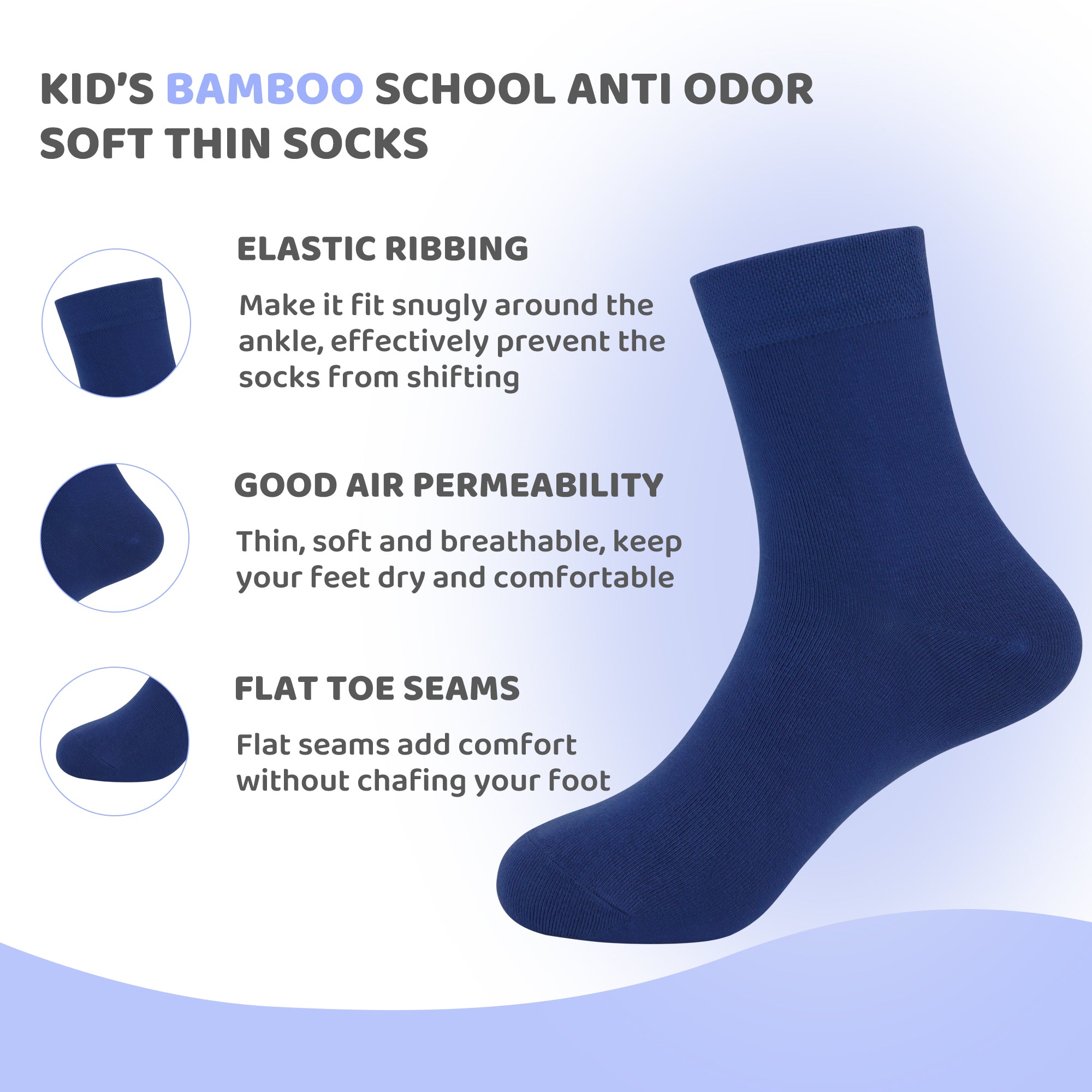 Kids Casual Bamboo School Socks Super Soft Uniform Thin Breathable Stretch Cuffs Boys Girls 5 Pairs