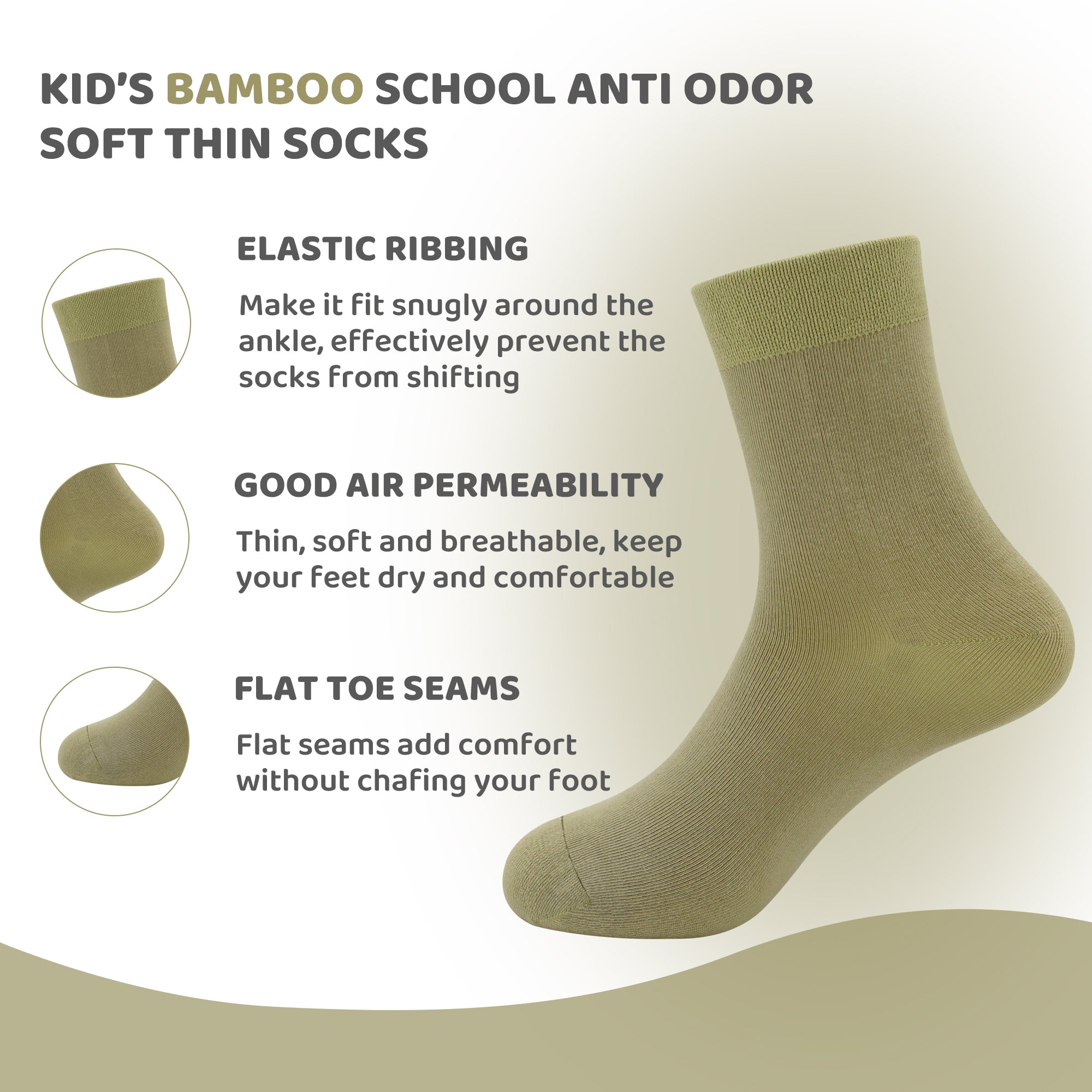 Kids Casual Bamboo School Socks Super Soft Uniform Thin Breathable Stretch Cuffs Boys Girls 5 Pairs