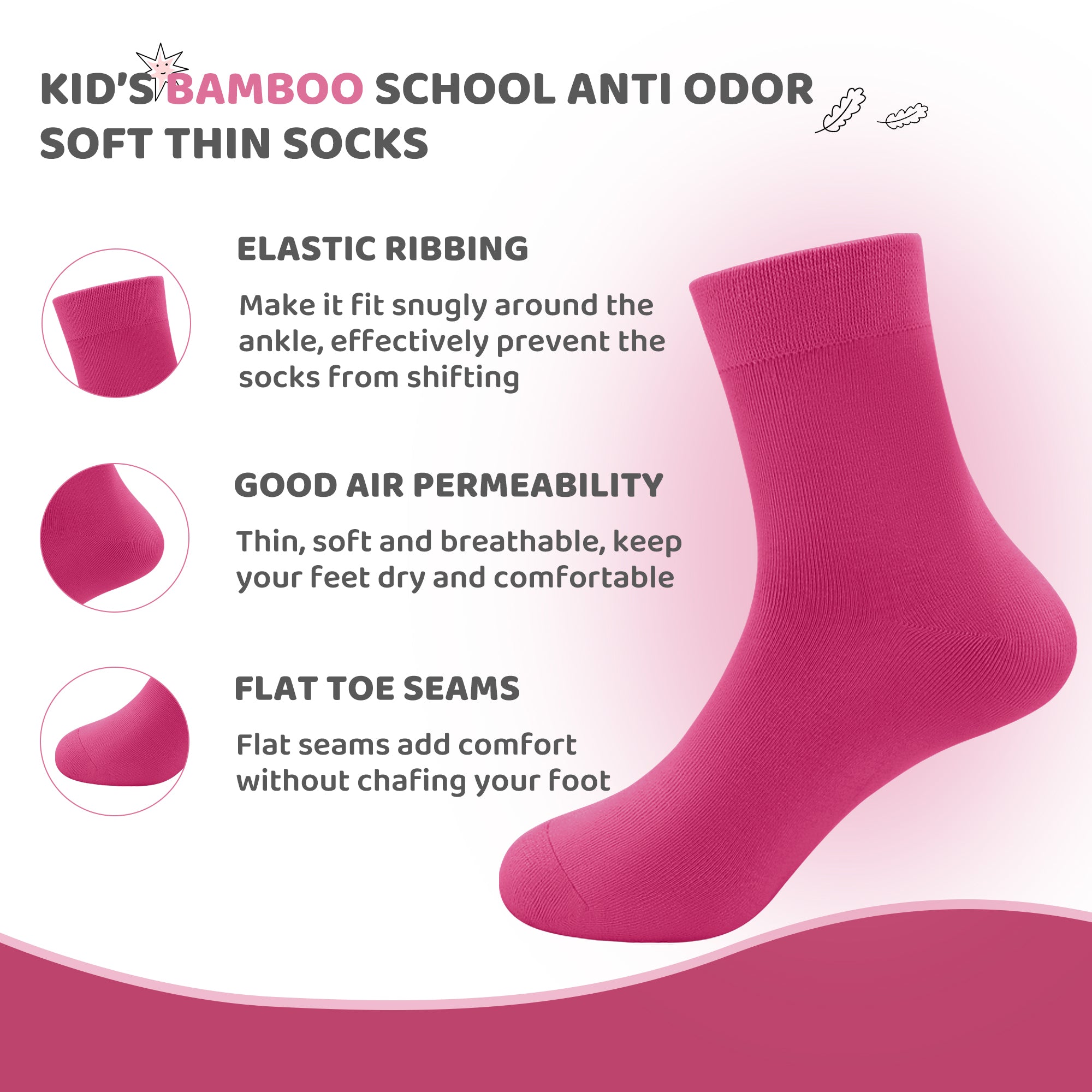 Kids Casual Bamboo School Socks Super Soft Uniform Thin Breathable Stretch Cuffs Boys Girls 5 Pairs
