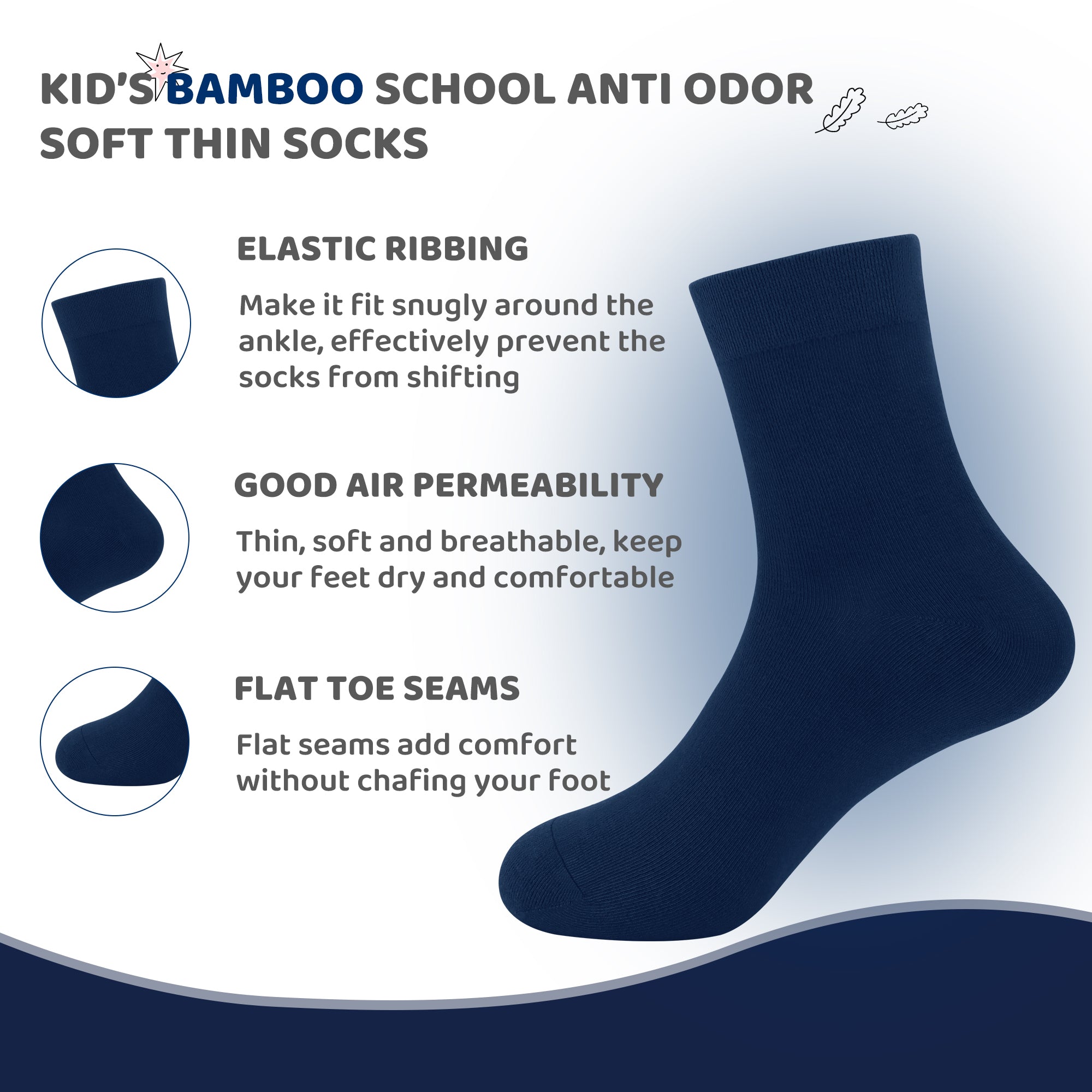 Kids Casual Bamboo School Socks Super Soft Uniform Thin Breathable Stretch Cuffs Boys Girls 5 Pairs