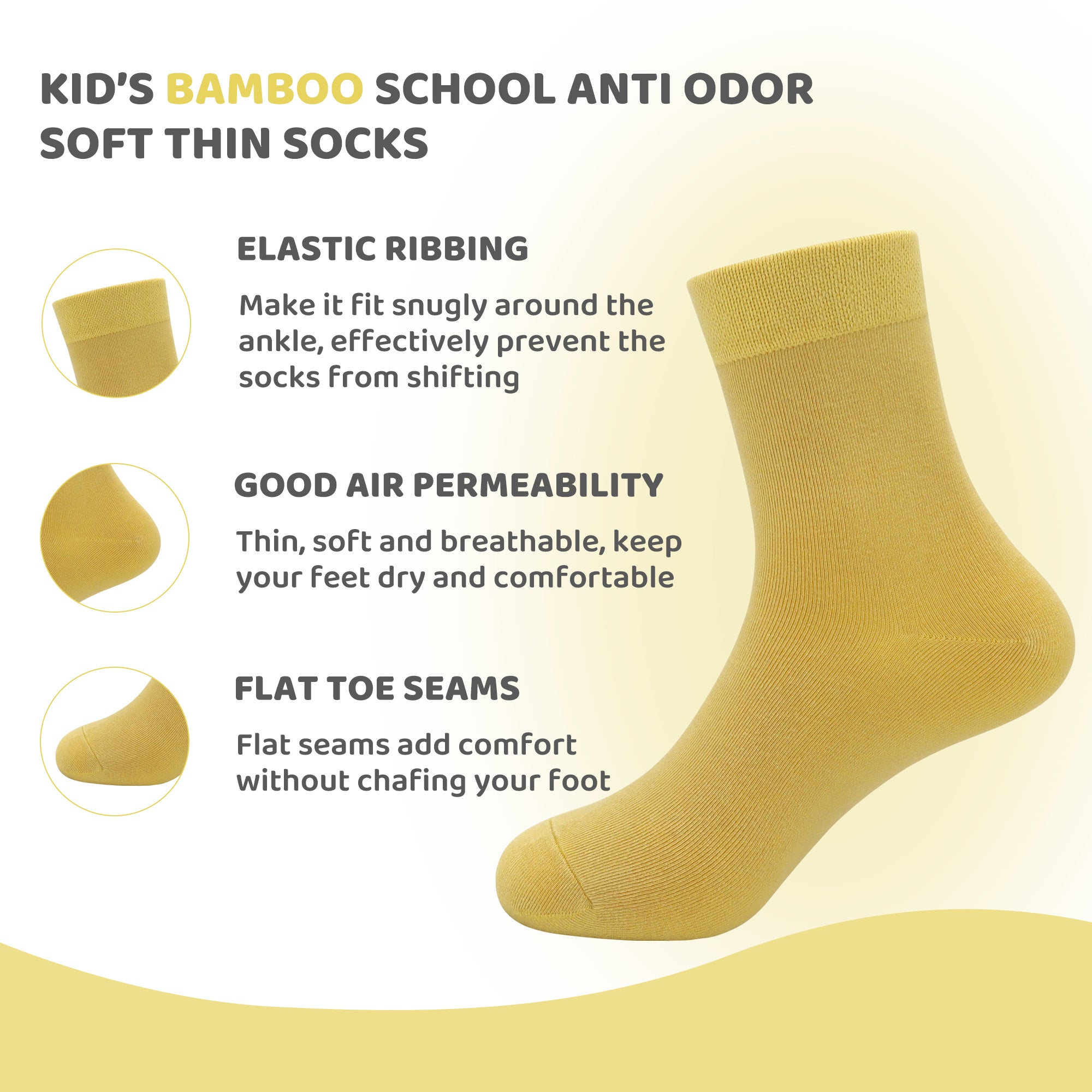 Kids Casual Bamboo School Socks Super Soft Uniform Thin Breathable Stretch Cuffs Boys Girls 5 Pairs