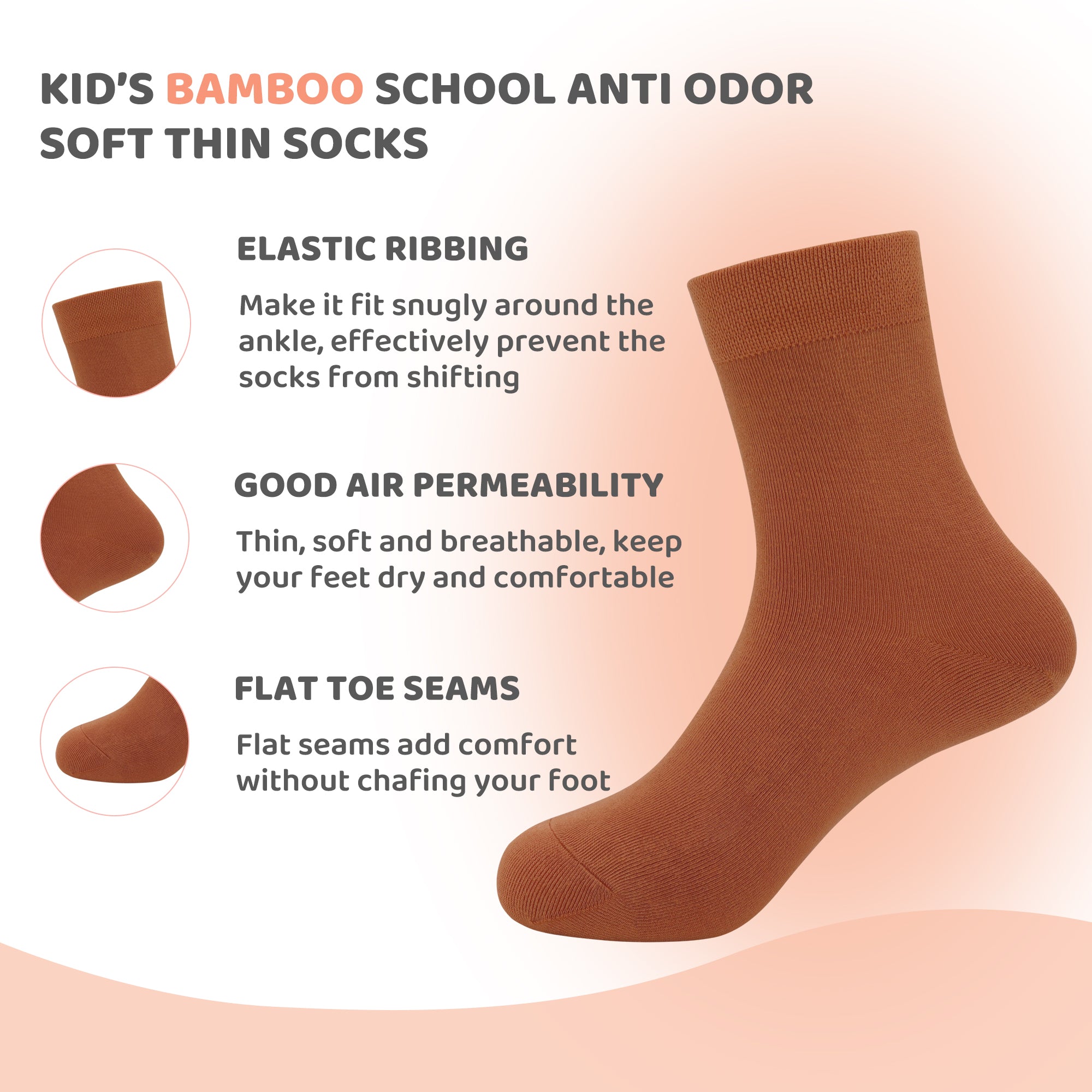 Kids Casual Bamboo School Socks Super Soft Uniform Thin Breathable Stretch Cuffs Boys Girls 5 Pairs