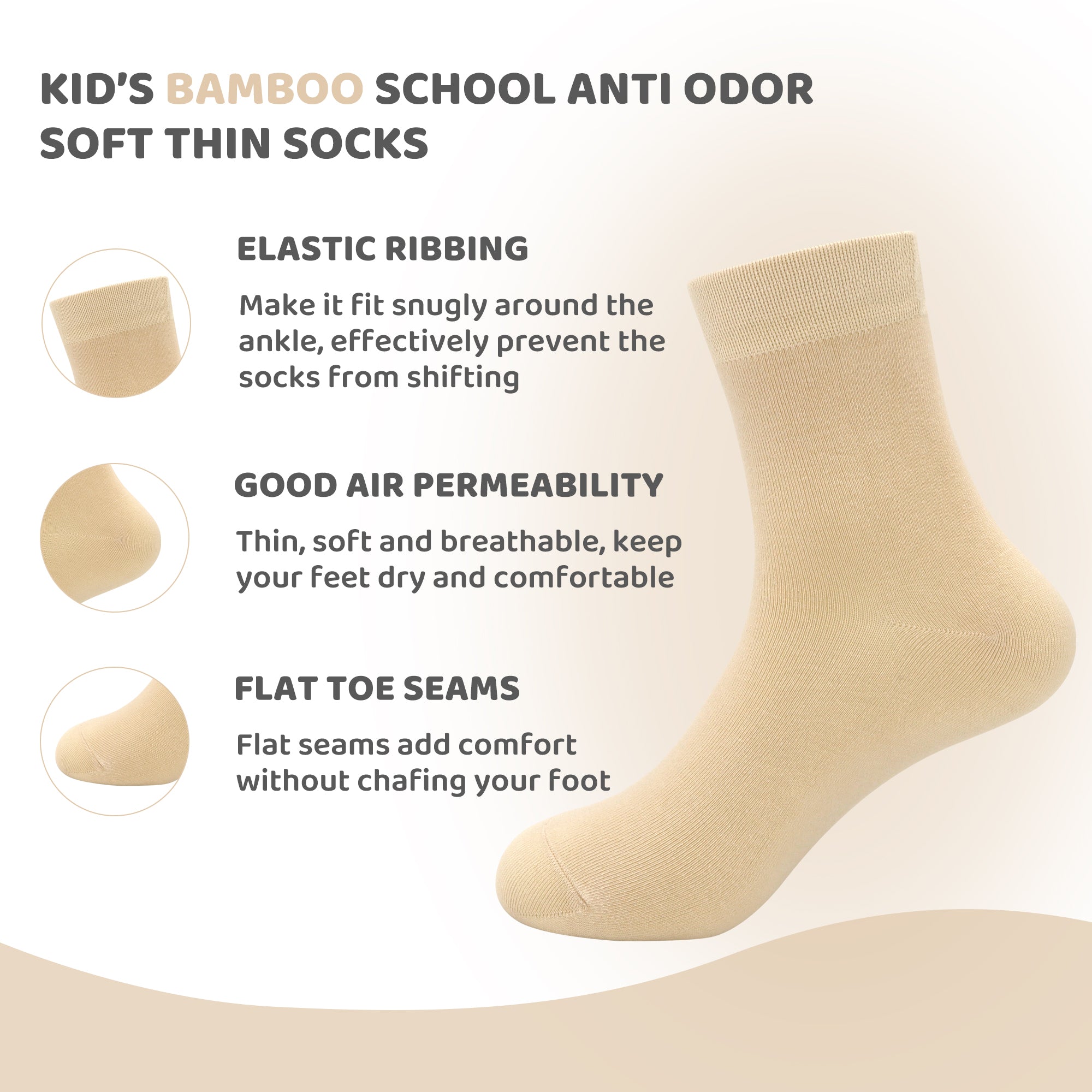 Kids Casual Bamboo School Socks Super Soft Uniform Thin Breathable Stretch Cuffs Boys Girls 5 Pairs
