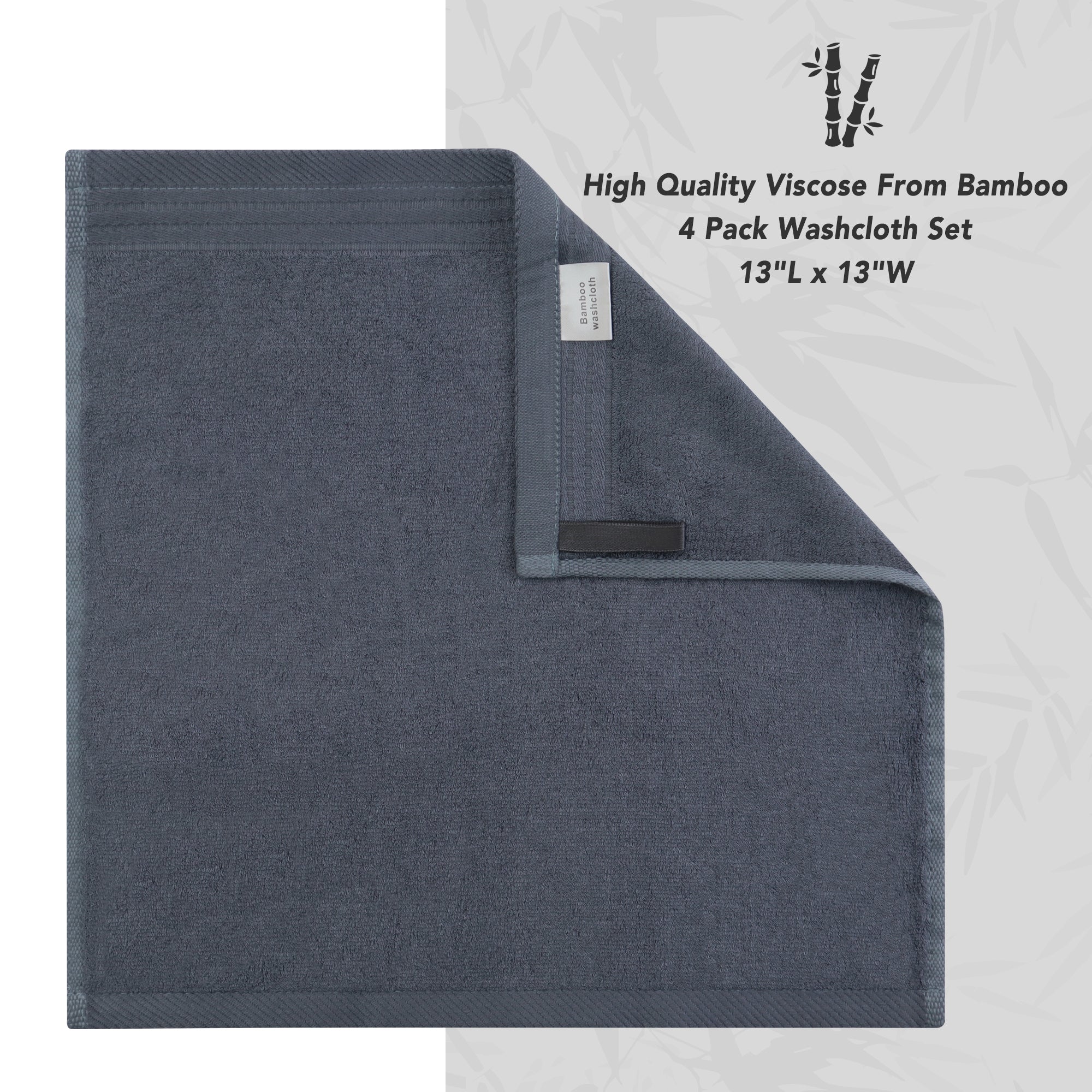 Premium Viscose Bamboo Washcloth Set - Pack of 4, 13x13 in Soft and Absorbent, Durable and Comfortable, Suitable for Body & Face, Baby and Adults