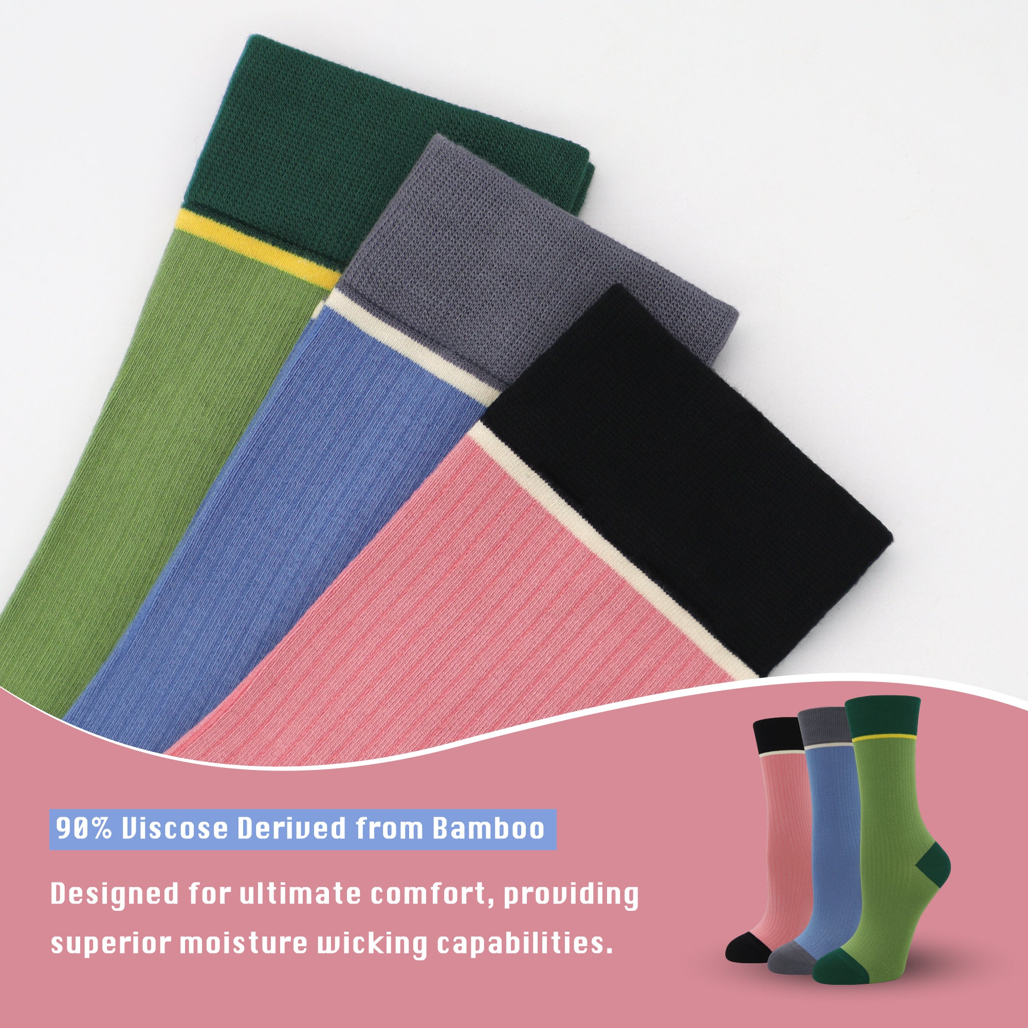 Viscose Bamboo Womens Crew Socks Dress Chic Colorblock Striped Design Retro Colorful Soft Comfort, Stylish 3 Pairs