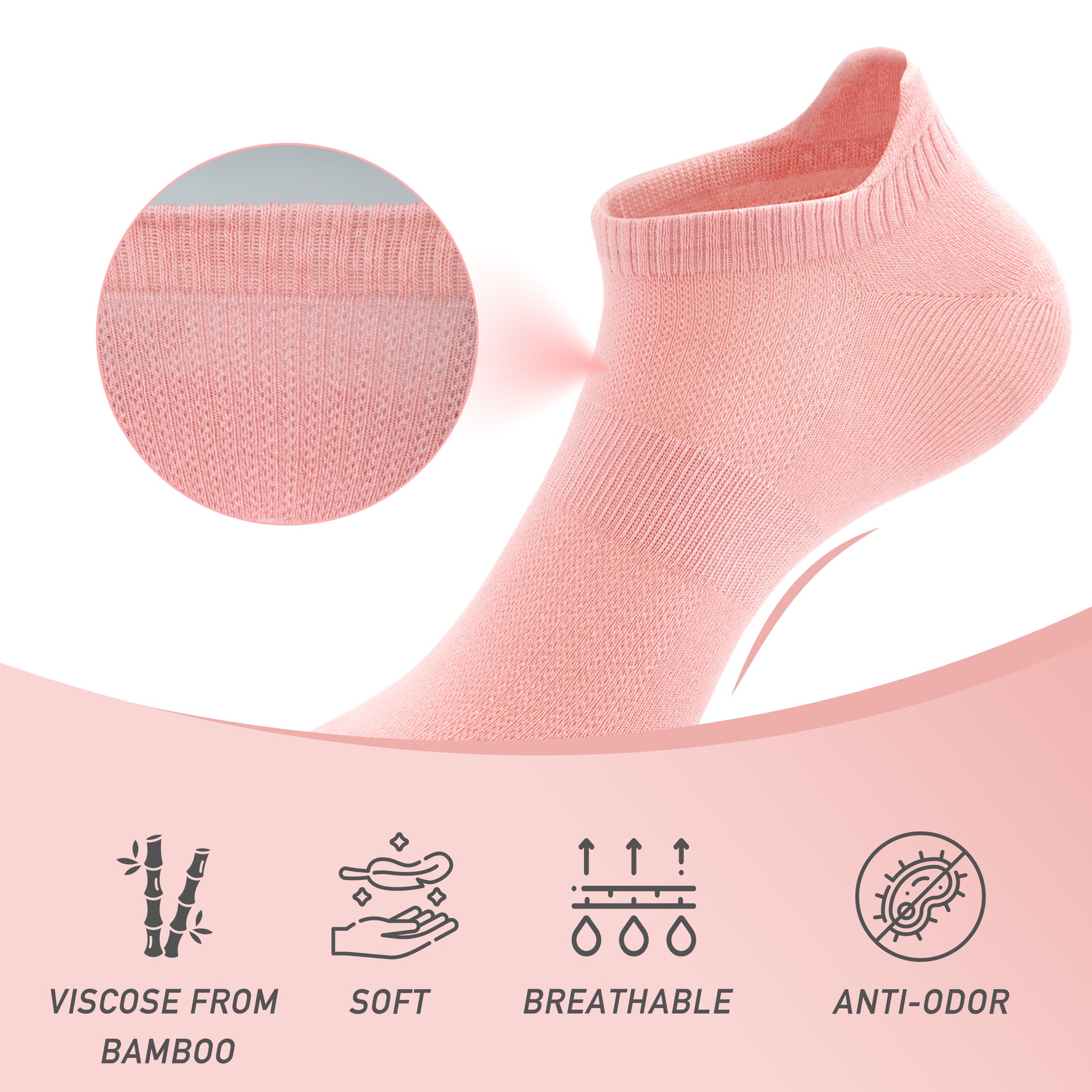 Women Ultra Thin Socks Bamboo Low Cut No Show Ventilating Low Ankle Anti Odor Arch Support Mesh Socks 5 Pairs