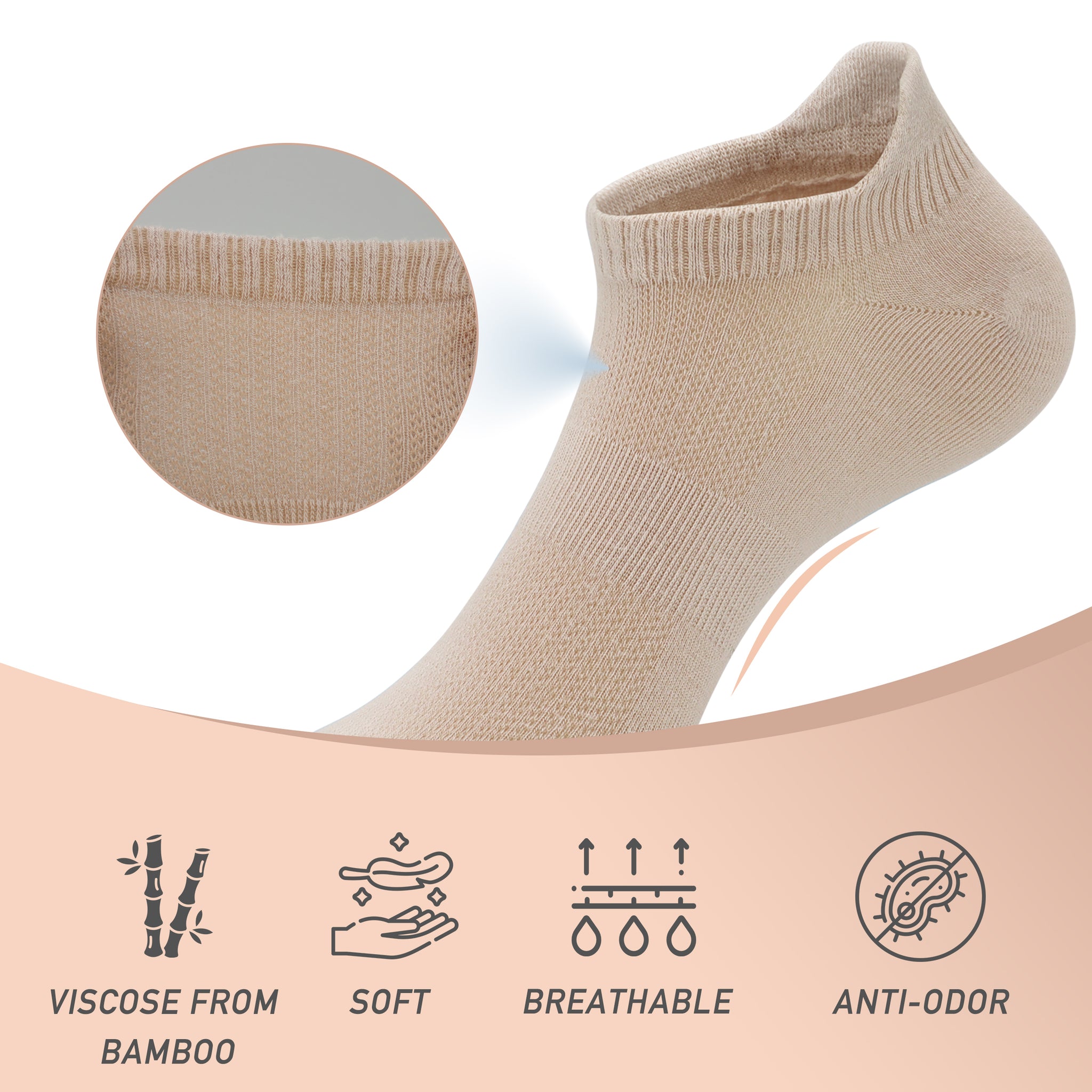 Women Ultra Thin Socks Bamboo Low Cut No Show Ventilating Low Ankle Anti Odor Arch Support Mesh Socks 5 Pairs