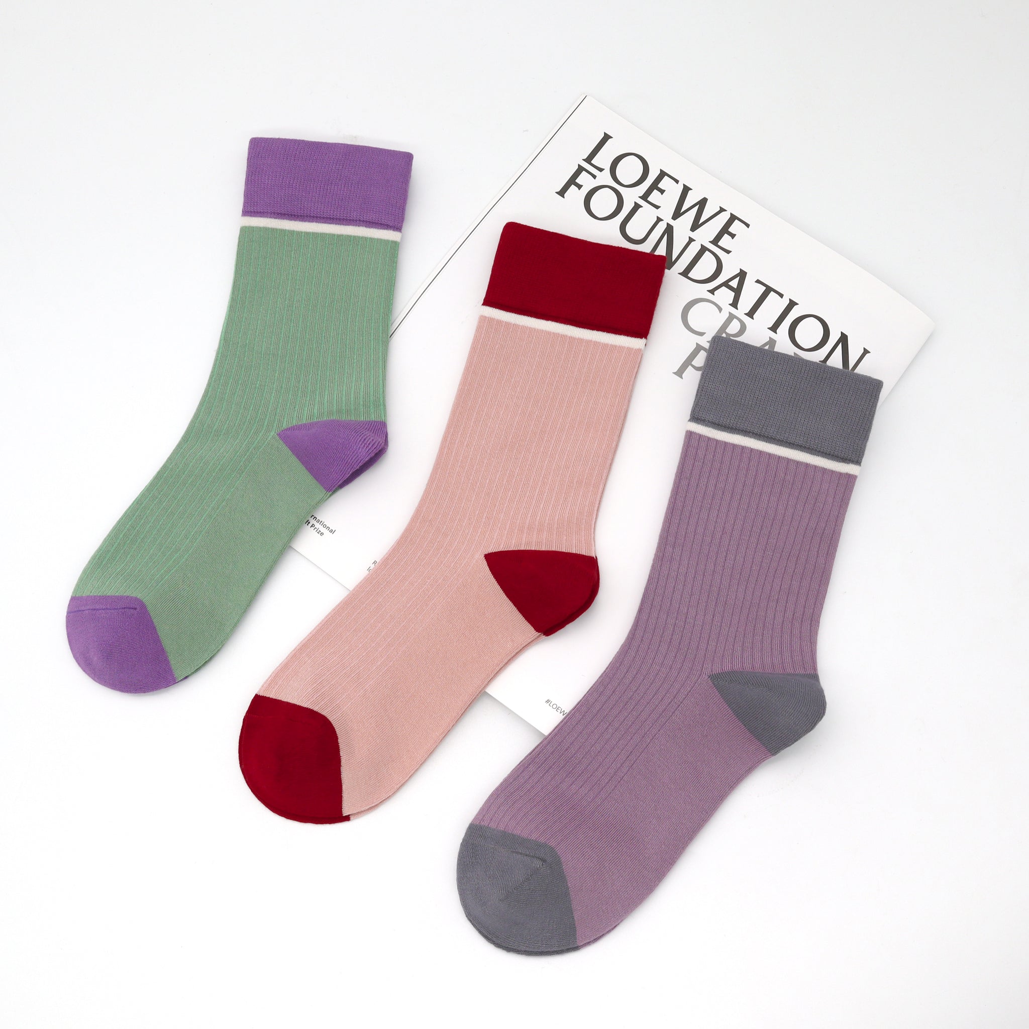 Viscose Bamboo Womens Crew Socks Dress Chic Colorblock Striped Design Retro Colorful Soft Comfort, Stylish 3 Pairs